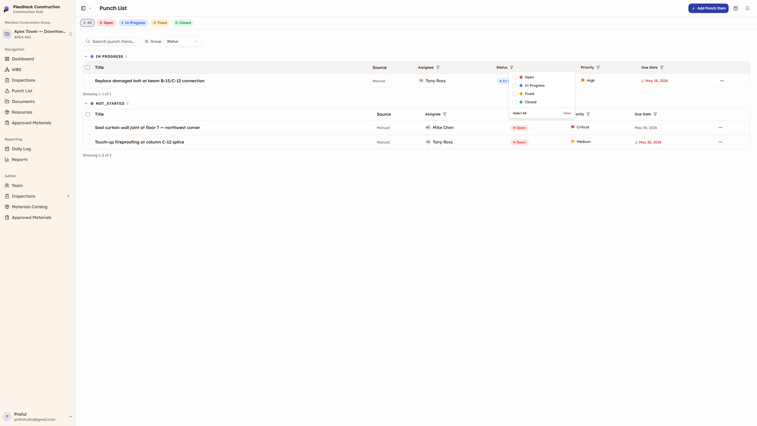 Punch list status filter showing Open, In Progress, Fixed, and Closed options