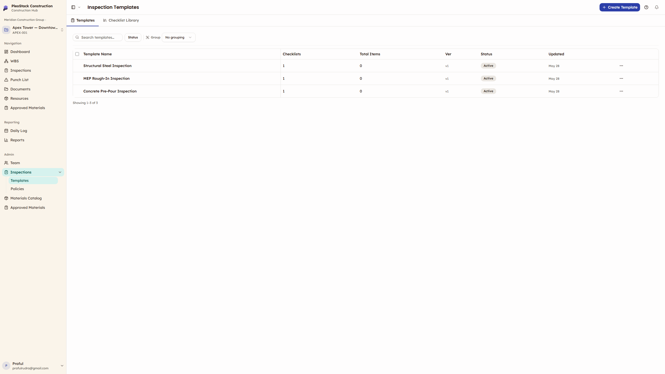 Templates page showing checklist templates with status, category, and item count columns