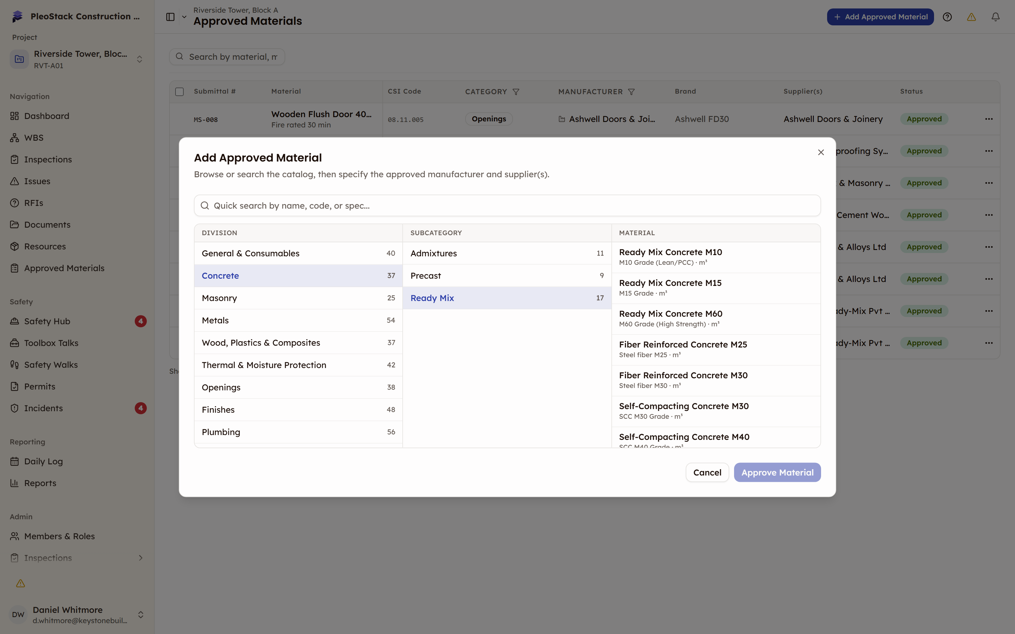 The Add Approved Material dialog in three-column browse mode with a division and subcategory selected and item counts visible