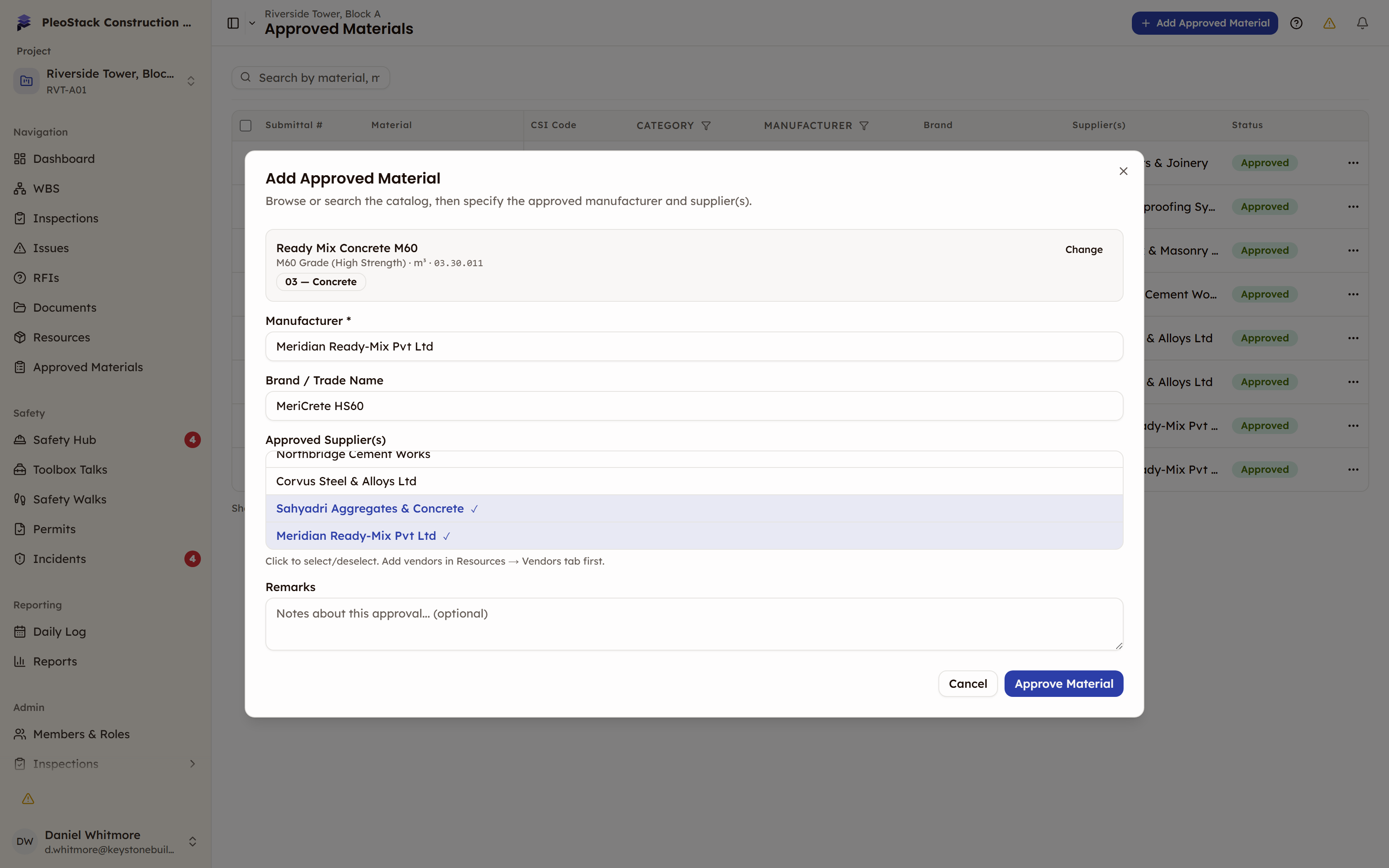 The Add Approved Material dialog showing the selected material summary card with a Change button and the manufacturer, brand, supplier and remarks fields