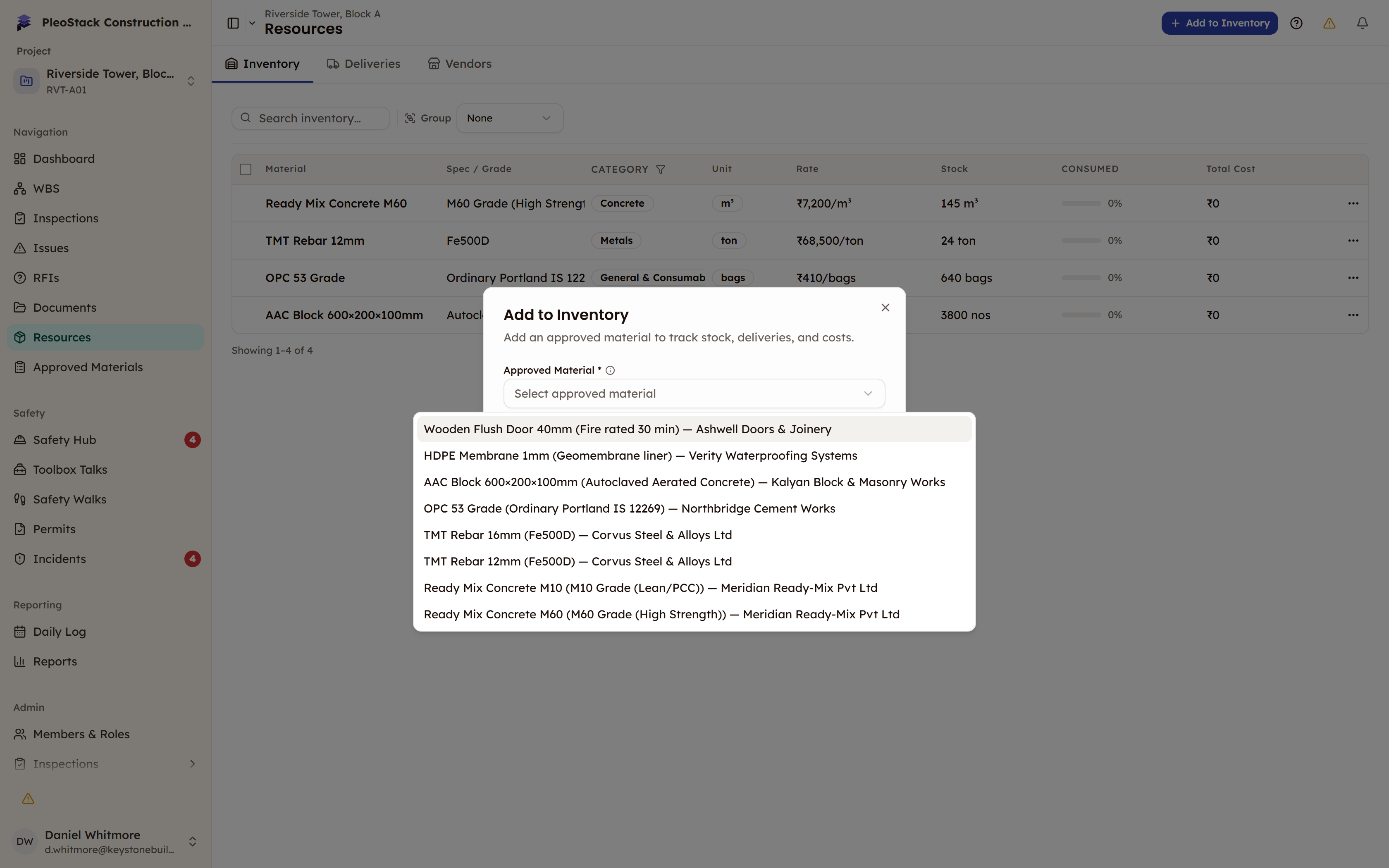 The Add to Inventory dialog in Resources with the Approved Material dropdown open
