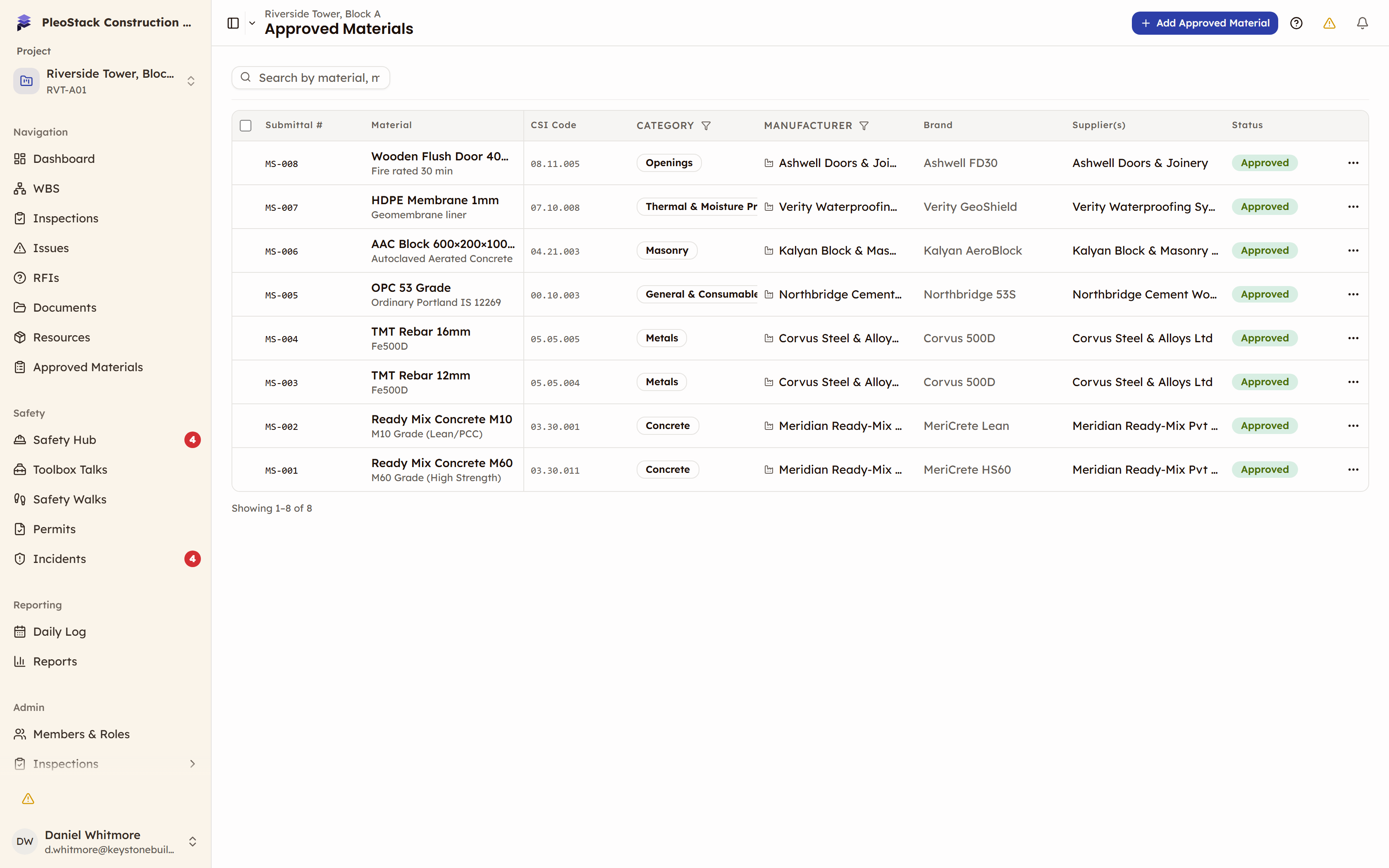 The admin Approved Materials register with the Add Approved Material button, Approved status badges and a row action column