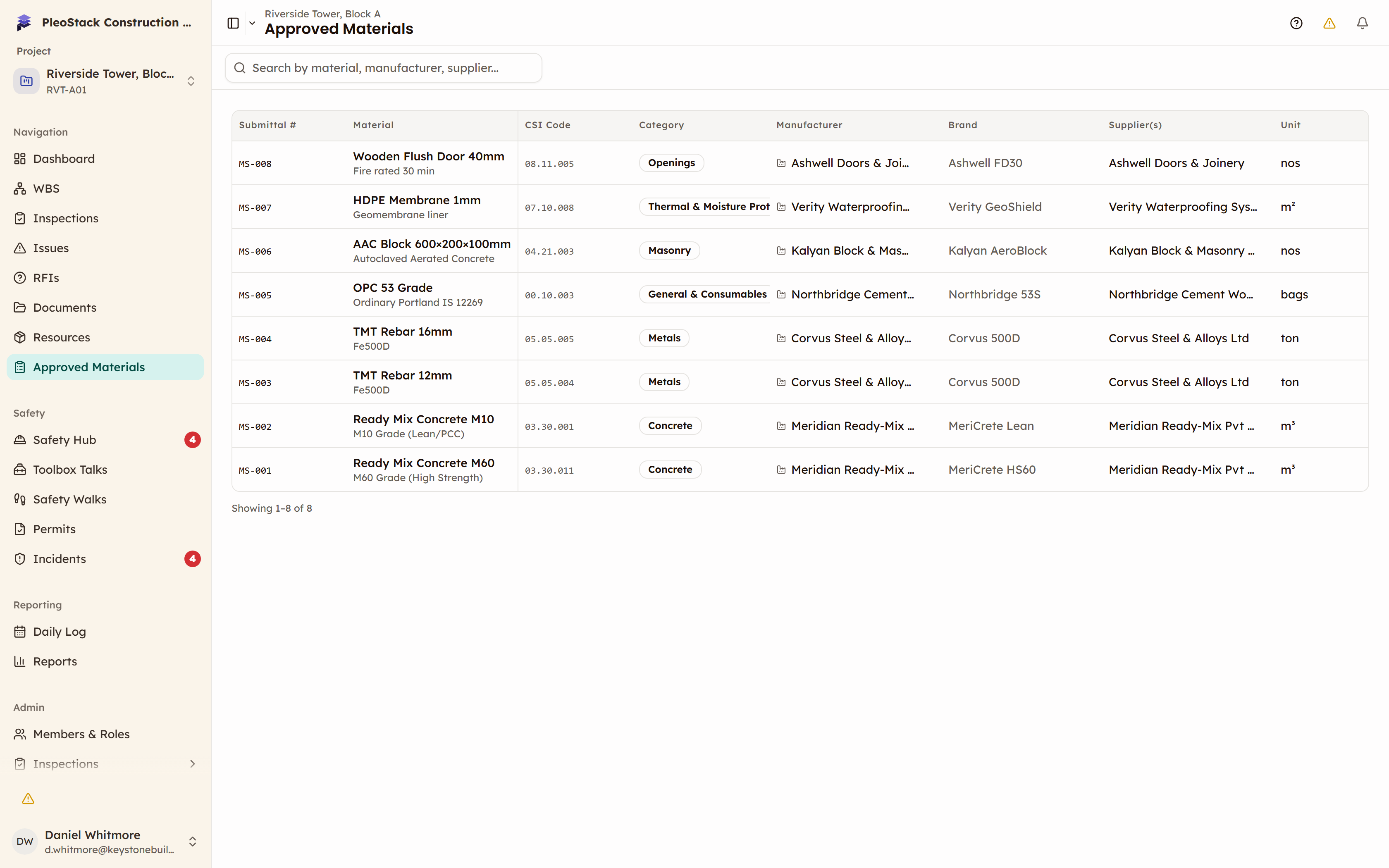 The Approved Materials register showing submittal numbers, material names and specs, CSI codes, categories, manufacturers, brands, suppliers and units