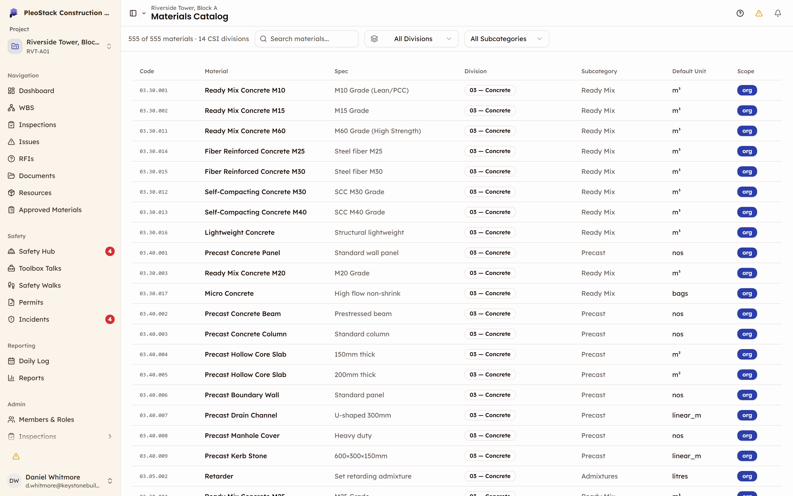 The Materials Catalog listing ready-mix and precast concrete items from Division 03, each row showing its code, material, spec, division, subcategory, unit and scope