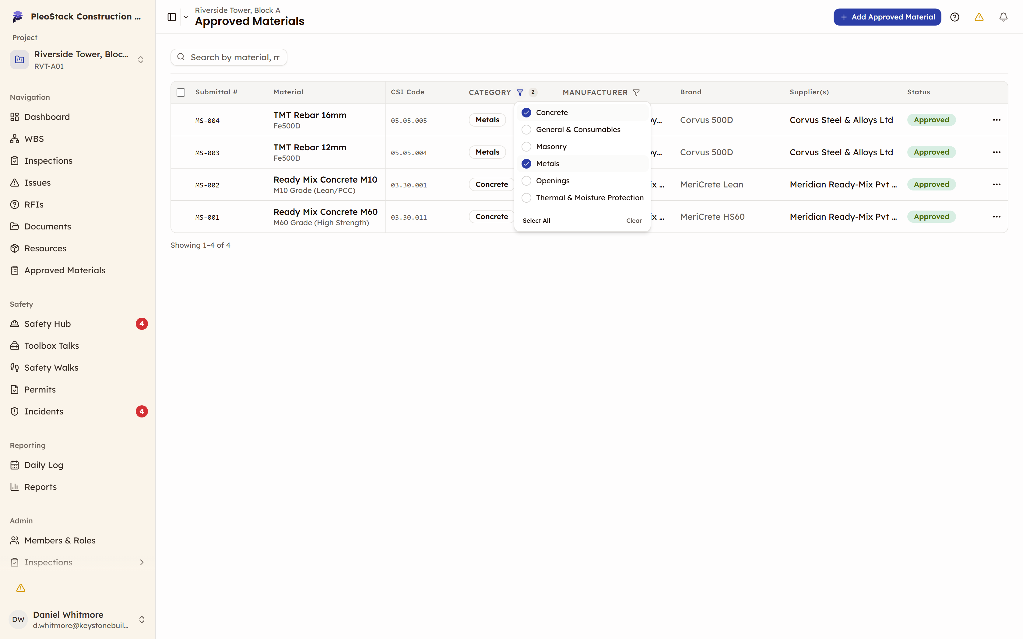 The Category filter open on the admin register with Concrete and Metals ticked, narrowing the list to four approvals
