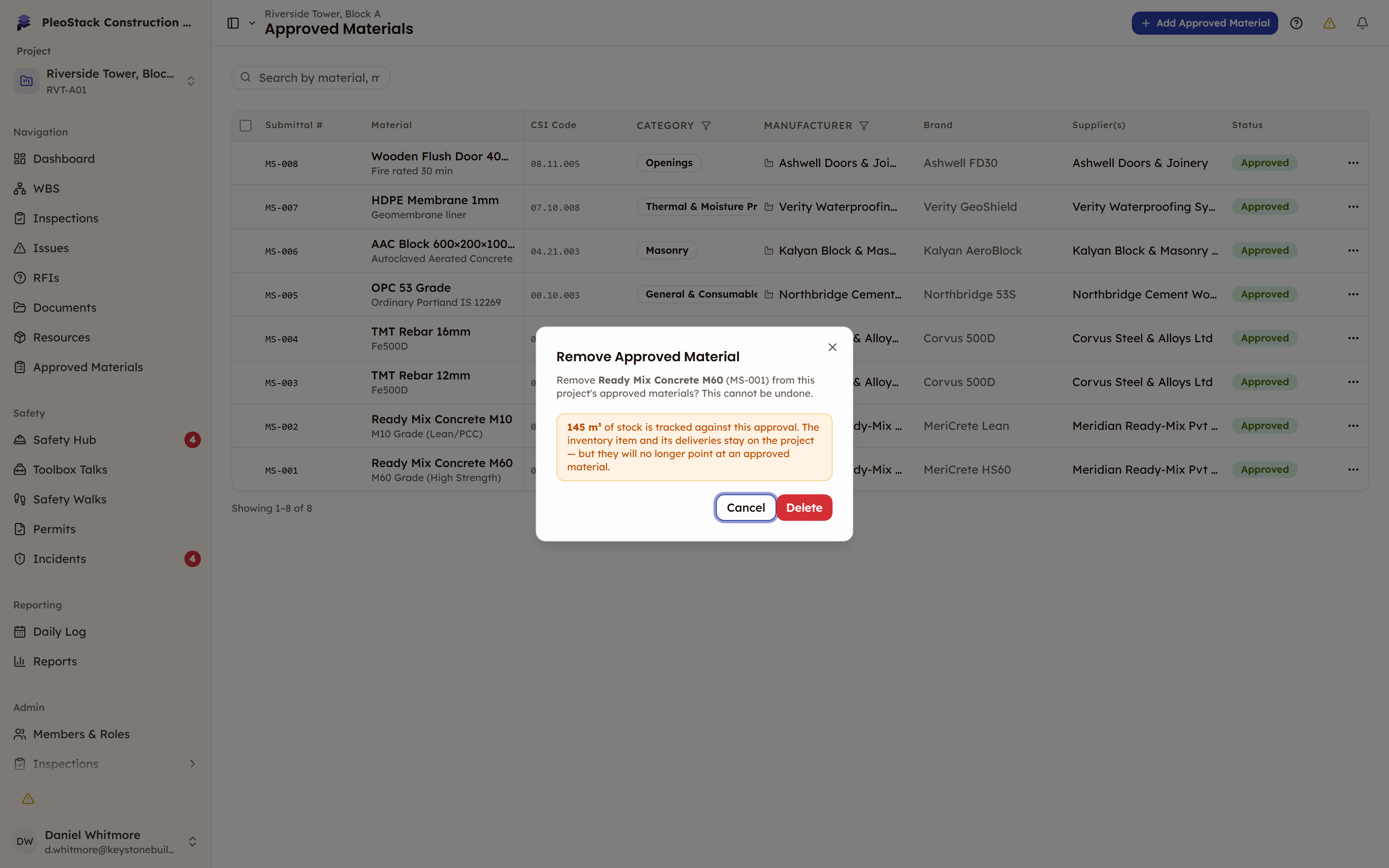 The Remove Approved Material confirmation dialog with an amber panel warning that stock is tracked against the approval
