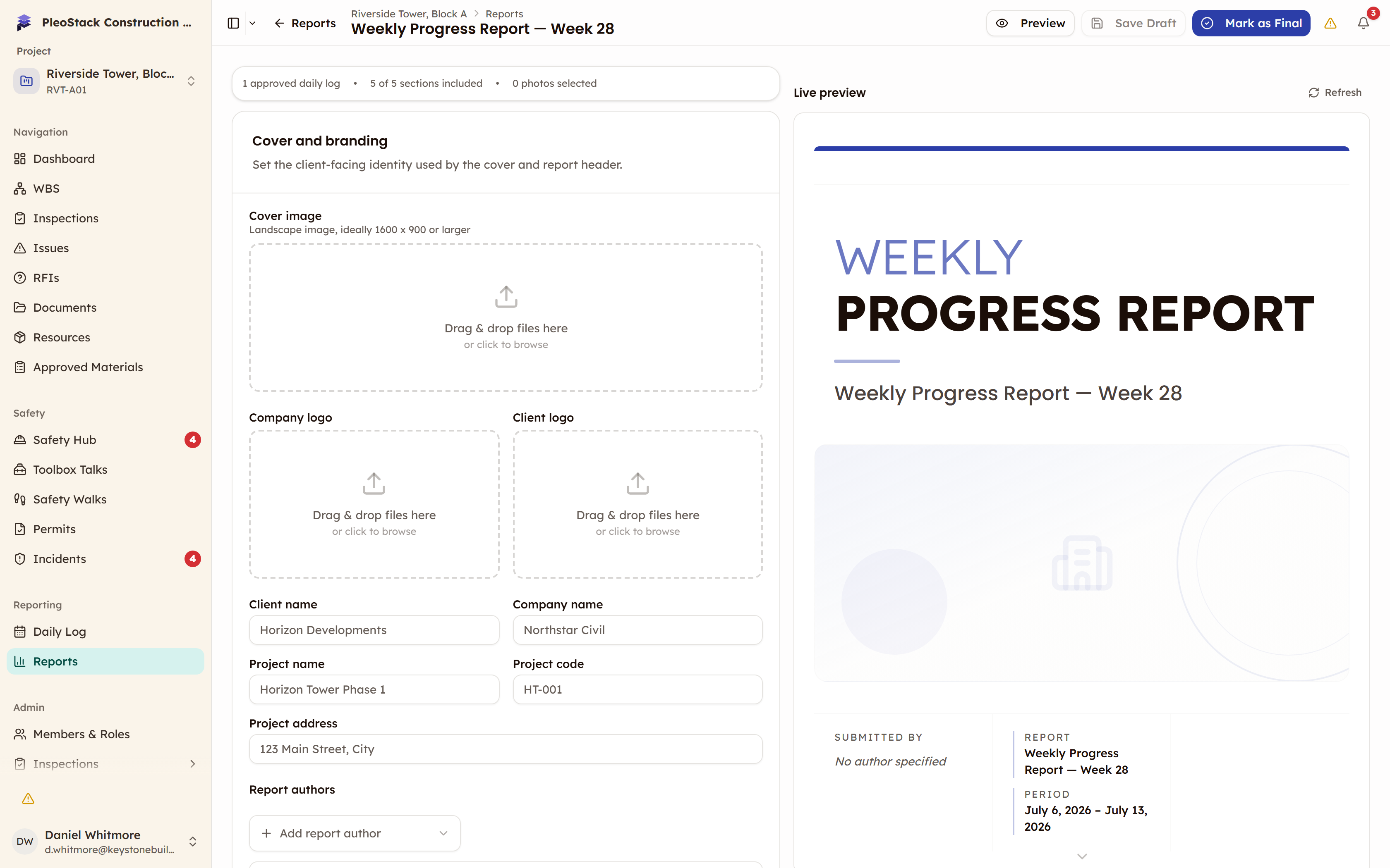 The client report composer with the branding editor and Report sections list on the left and the live preview on the right