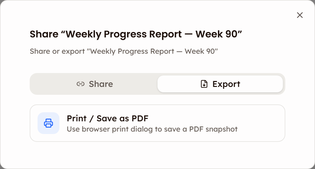 The Share dialog on its Export tab with a single Print / Save as PDF option