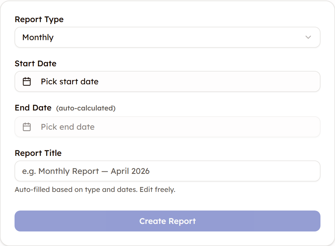 The New Report form with Report Type set to Monthly, Start Date, an auto-calculated End Date, Report Title and the Create Report button