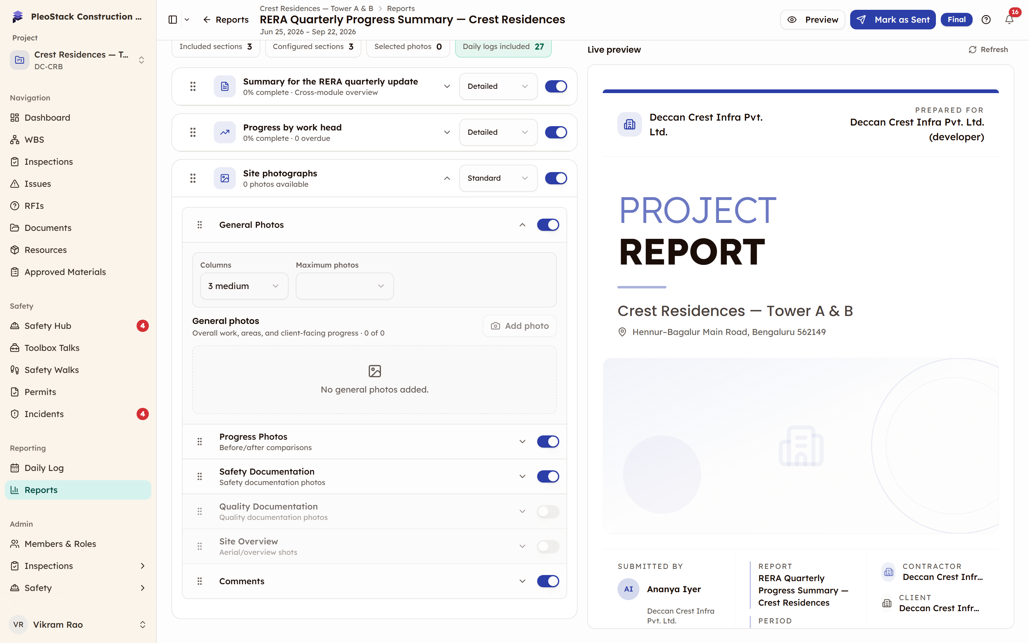 The Site photographs section of a client report with General Photos open, showing Columns and Maximum photos settings, an Add photo button and an empty photo area, and the other photo sub-sections listed below