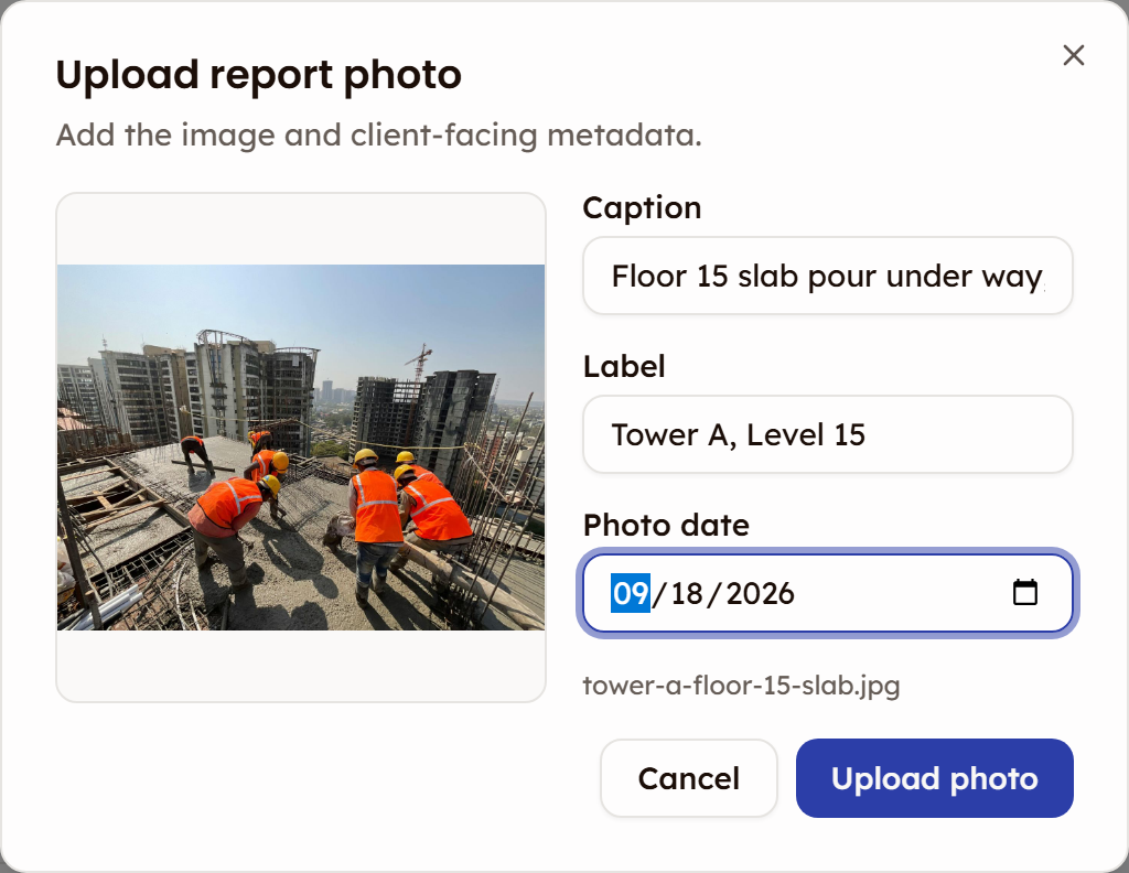 The Upload report photo dialog with a slab-pour photo picked and its Caption, Label and Photo date filled in, above Cancel and Upload photo buttons
