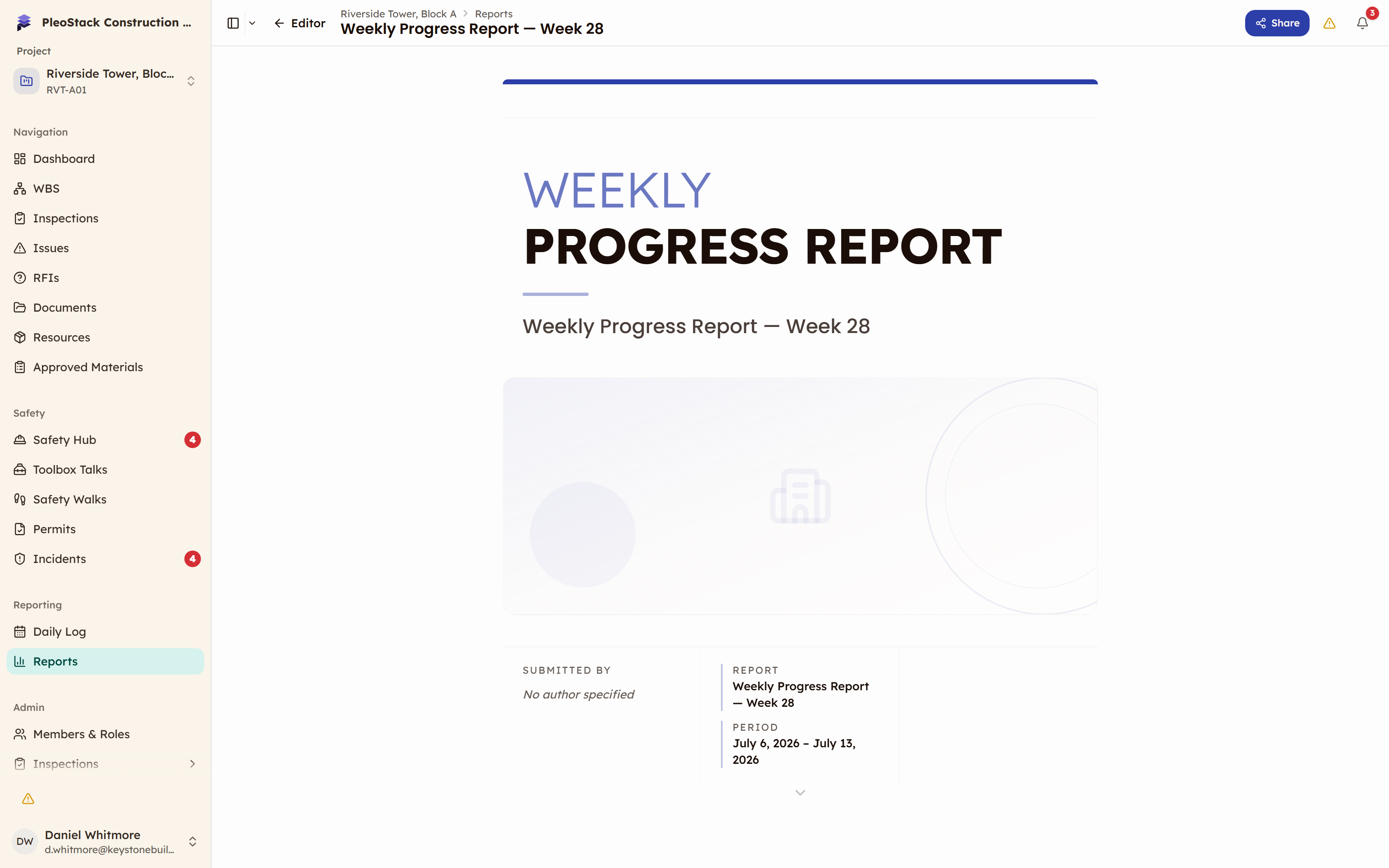 The client report preview showing the branded cover page and the first numbered section