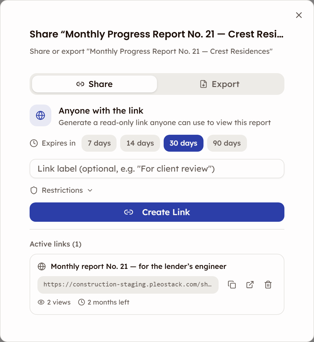 The Share modal on the Share tab with one link listed under Active links: its label, the URL with copy, open and revoke buttons, 2 views and 2 months left
