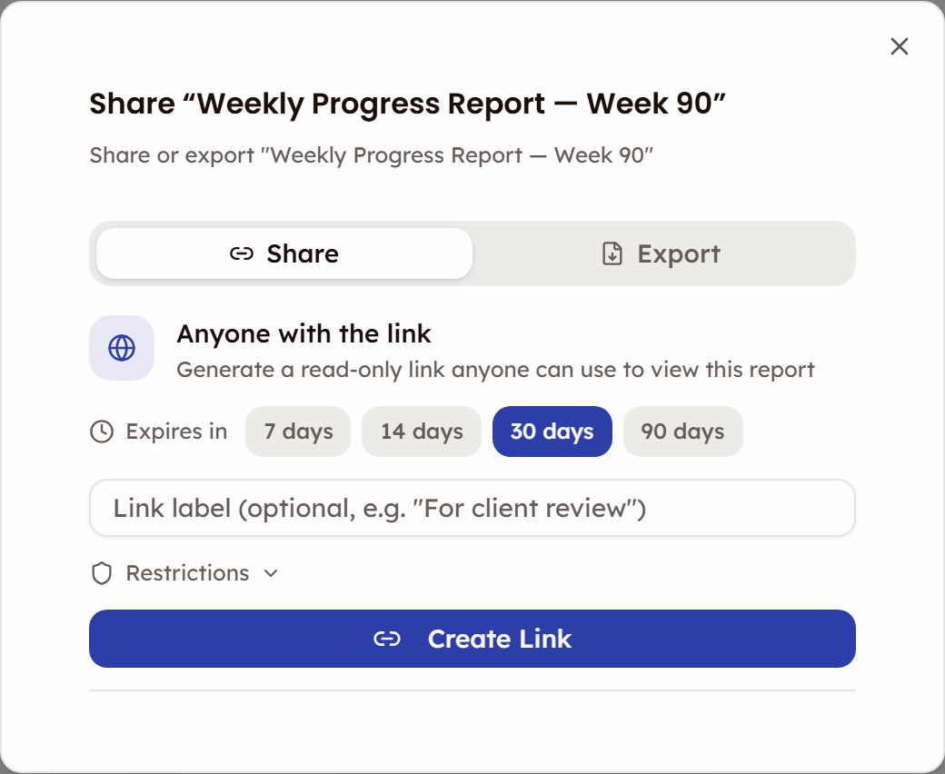 The Share modal on the Share tab with the 7, 14, 30 and 90 day expiry options, a link label box, a closed Restrictions block and the Create Link button