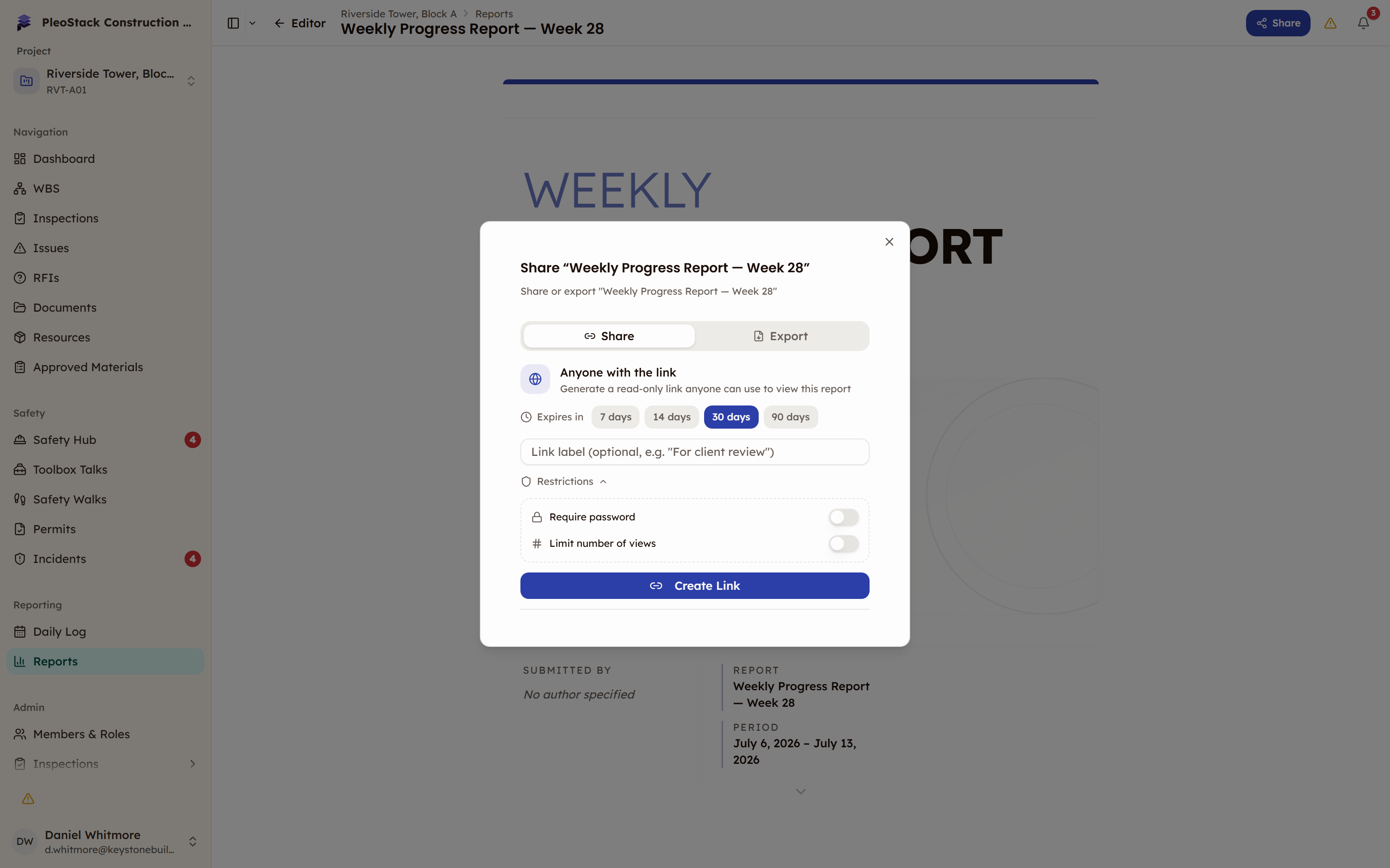 The Share modal on the Share tab with expiry presets and the Restrictions block expanded showing the password field and view limit