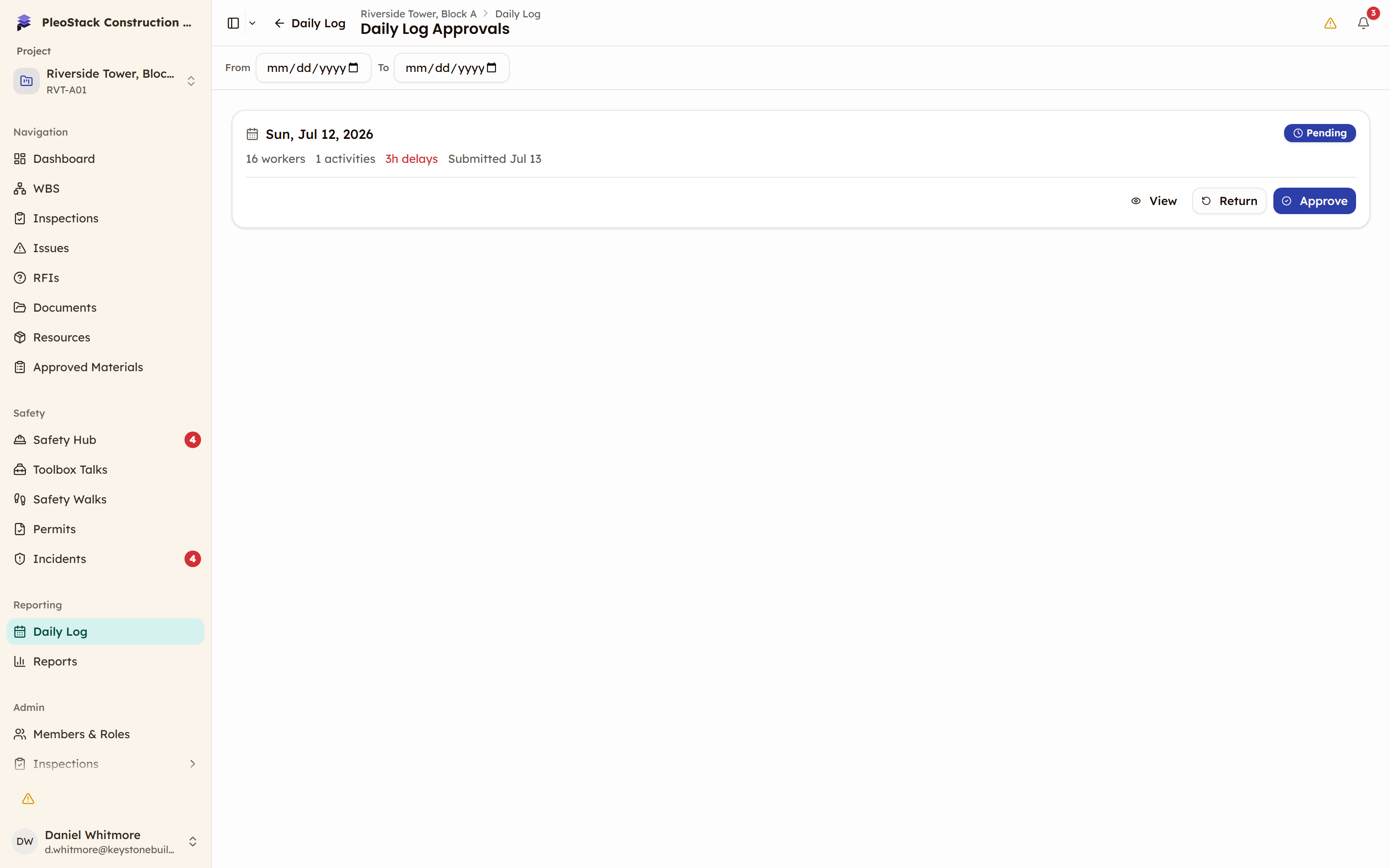 The Daily Reports tab showing its pending count badge and a log card carrying a Pending badge