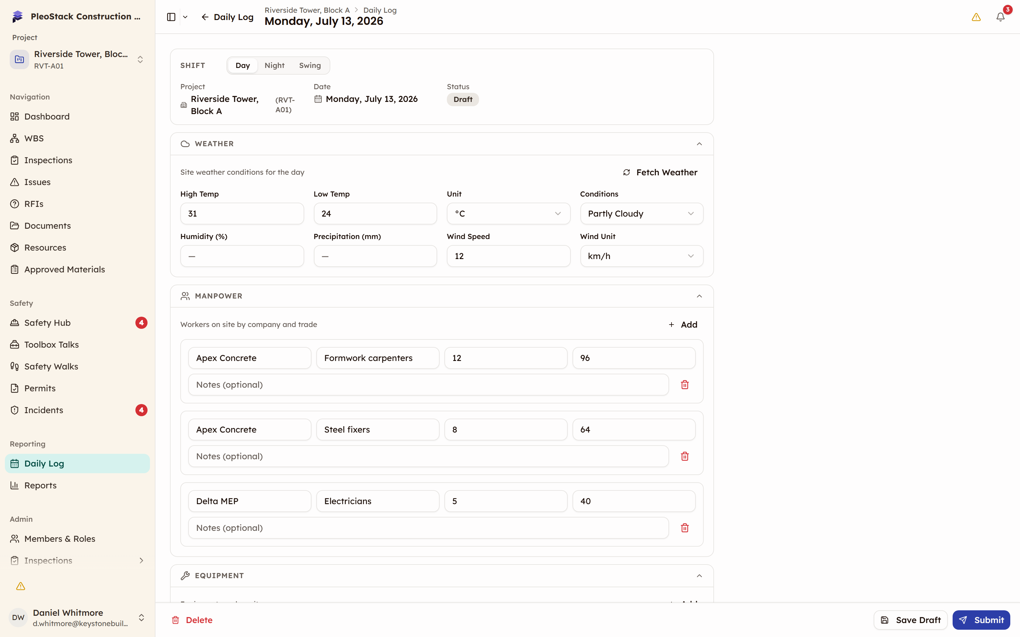 A draft daily log open in the editor with the date and shift header card, expanded Weather and Manpower sections, and the Save Draft and Submit bottom bar