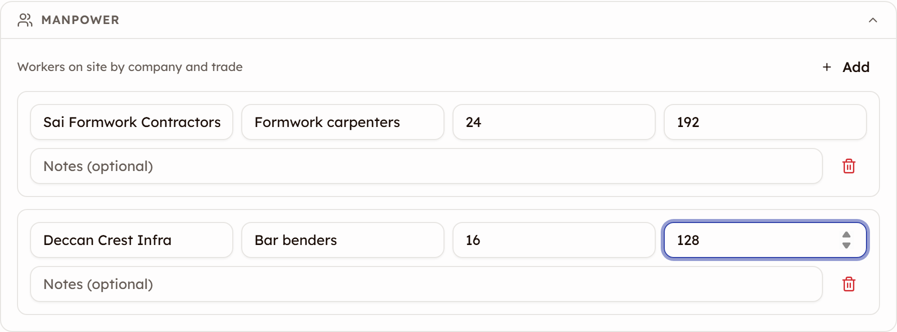 The Manpower section of a new daily log with two rows: Sai Formwork Contractors, Formwork carpenters, 24 people, 192 hours; and Deccan Crest Infra, Bar benders, 16 people, 128 hours