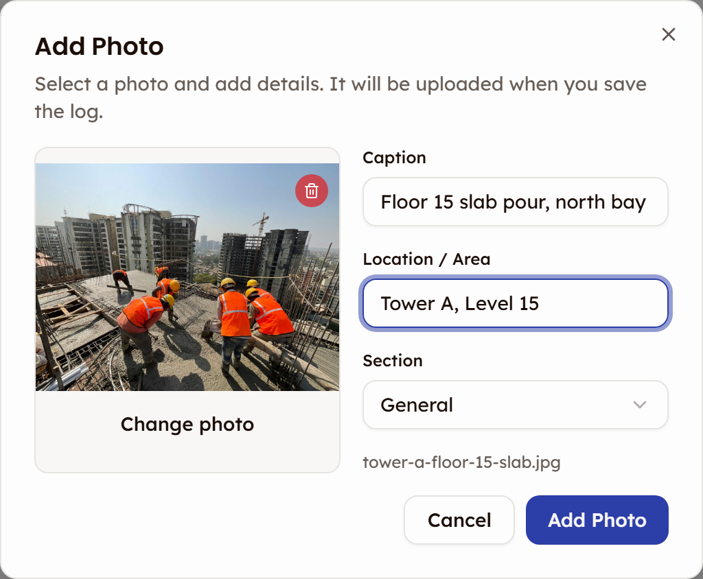 The Add Photo dialog with a site photo chosen, a caption, a location of Tower A, Level 15 and the General section selected