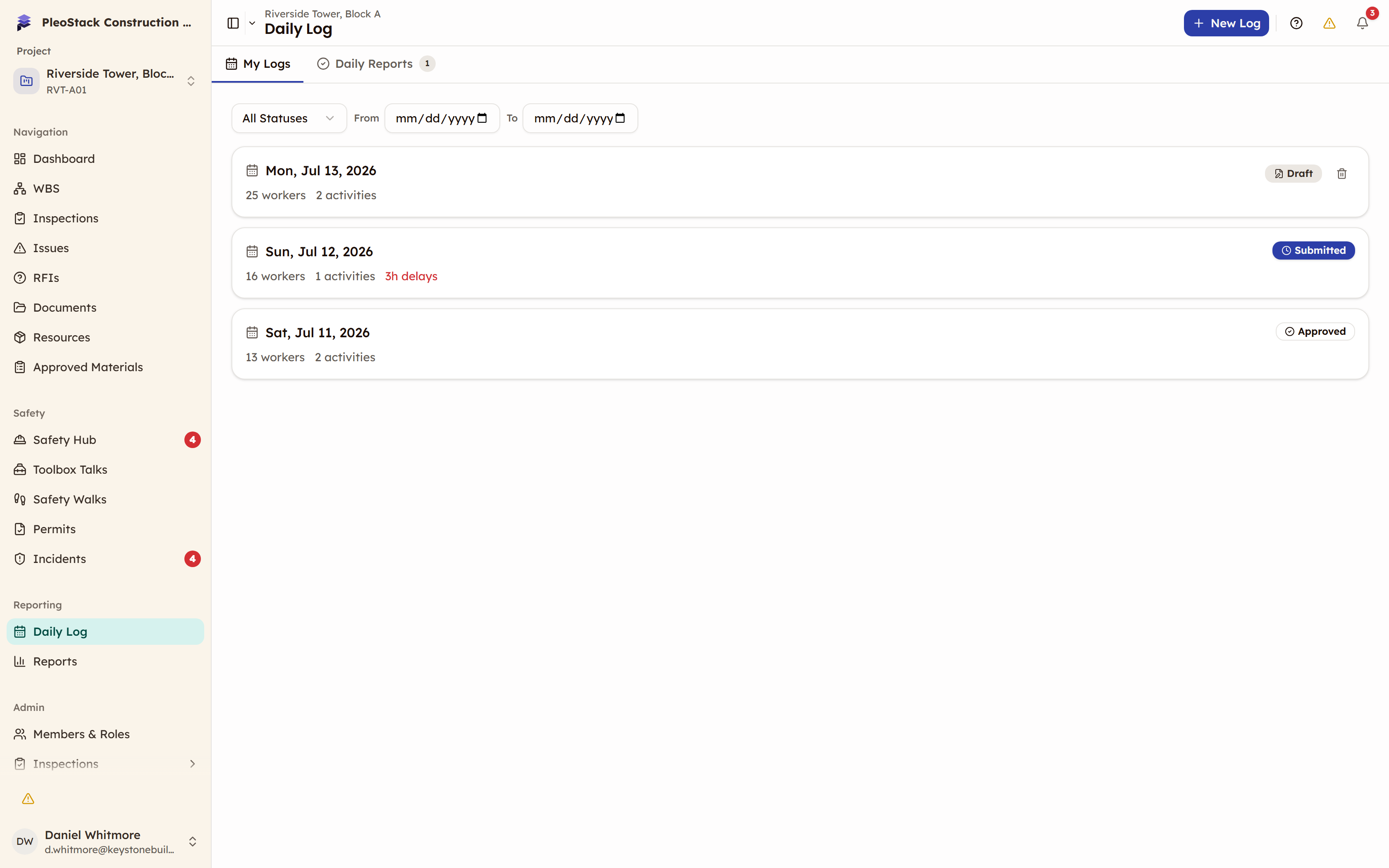 The Daily Log register with the status filter, From and To date inputs, and cards showing Draft, Submitted and Approved badges