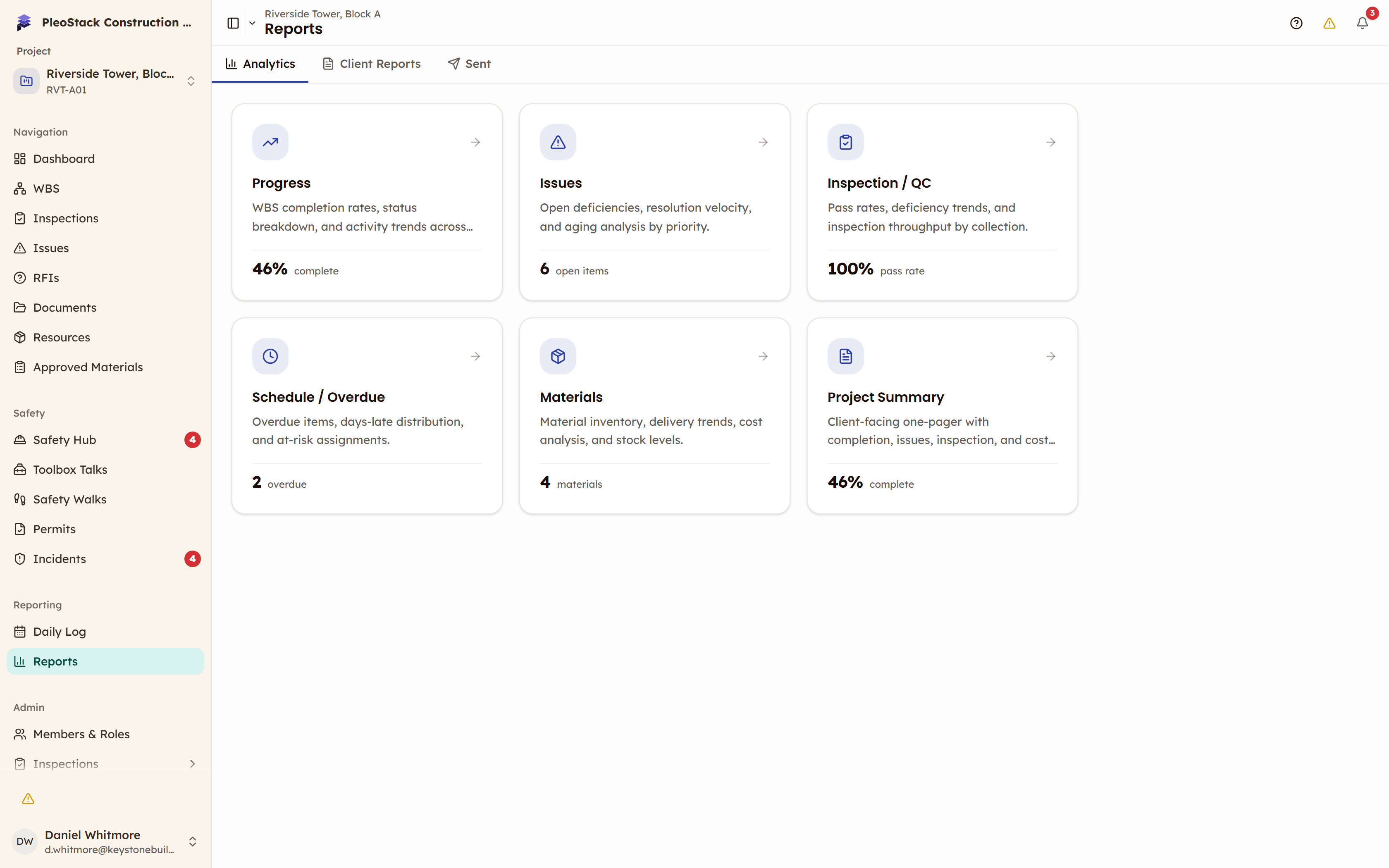 The Reports hub on the Analytics tab, showing the Analytics, Client Reports and Sent tabs above six report cards with live figures