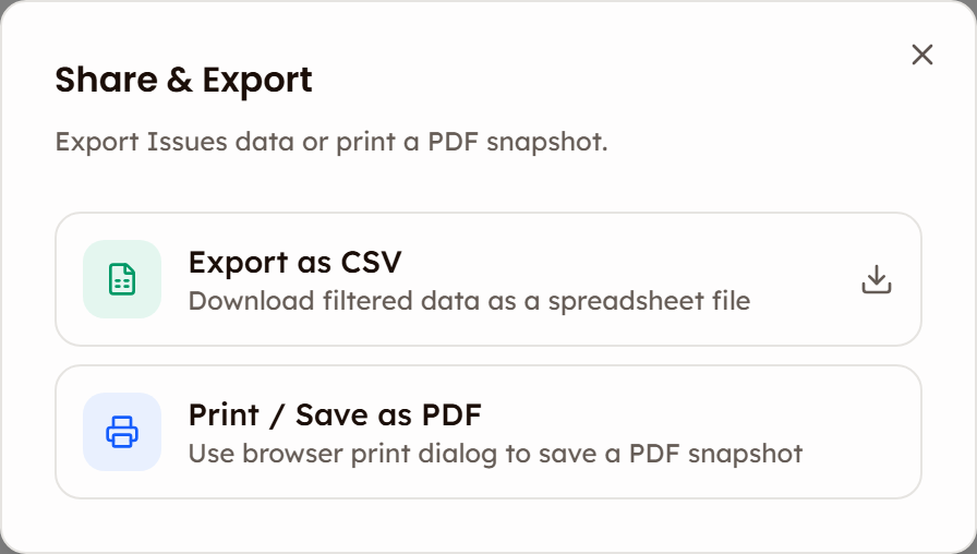The Share and Export dialog with Export as CSV and Print / Save as PDF