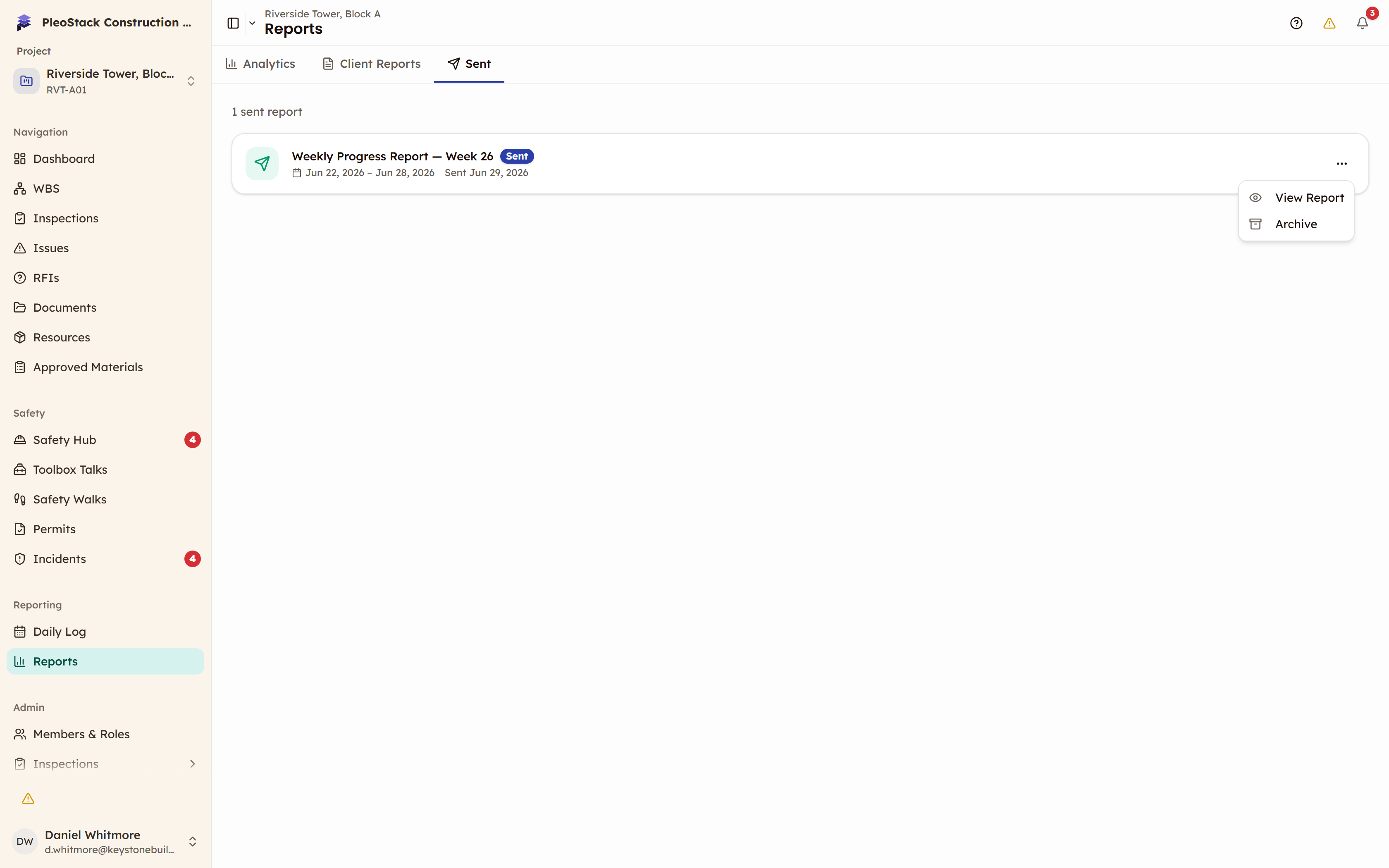The Sent tab with a delivered report row, its Sent date line, and the row menu open showing Archive