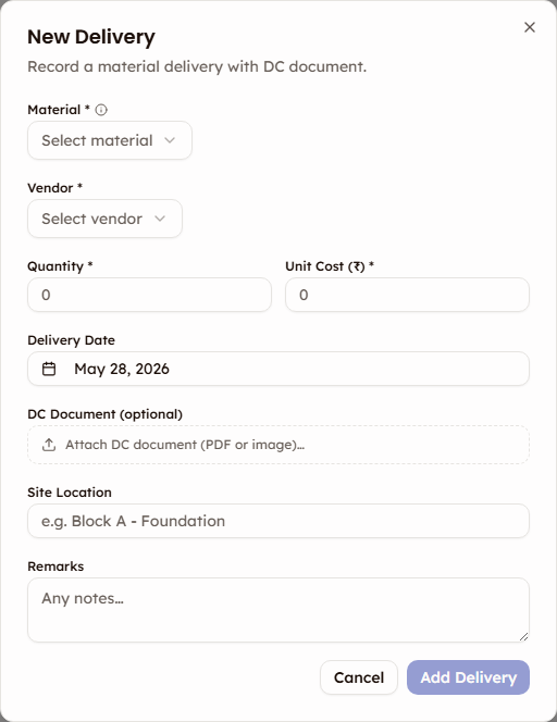New Delivery dialog with material, vendor, quantity, and cost fields