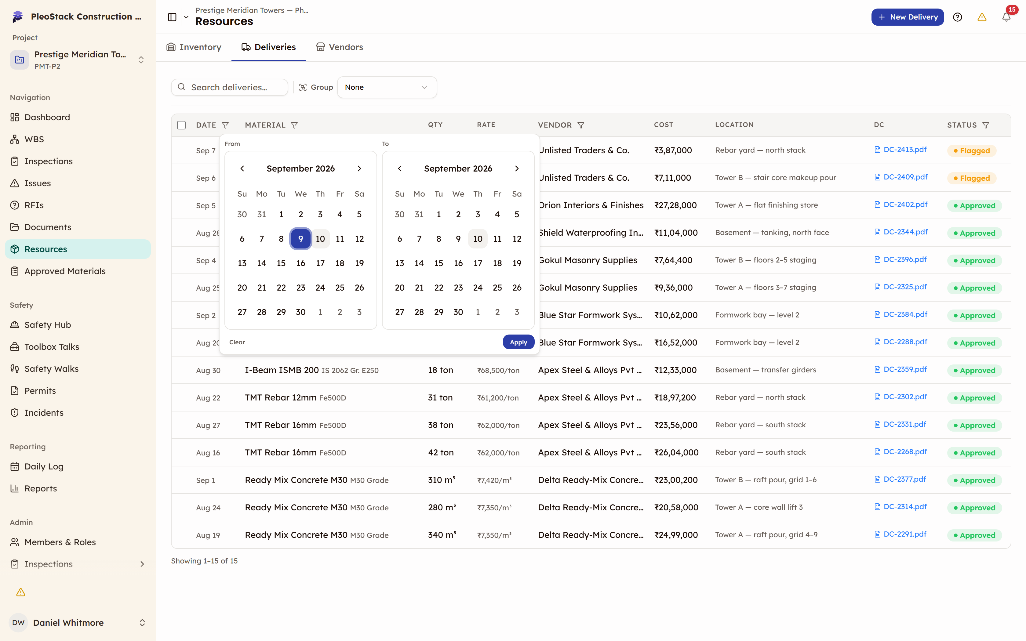 The Date column filter open over the deliveries table, showing From and To calendars with Clear and Apply buttons