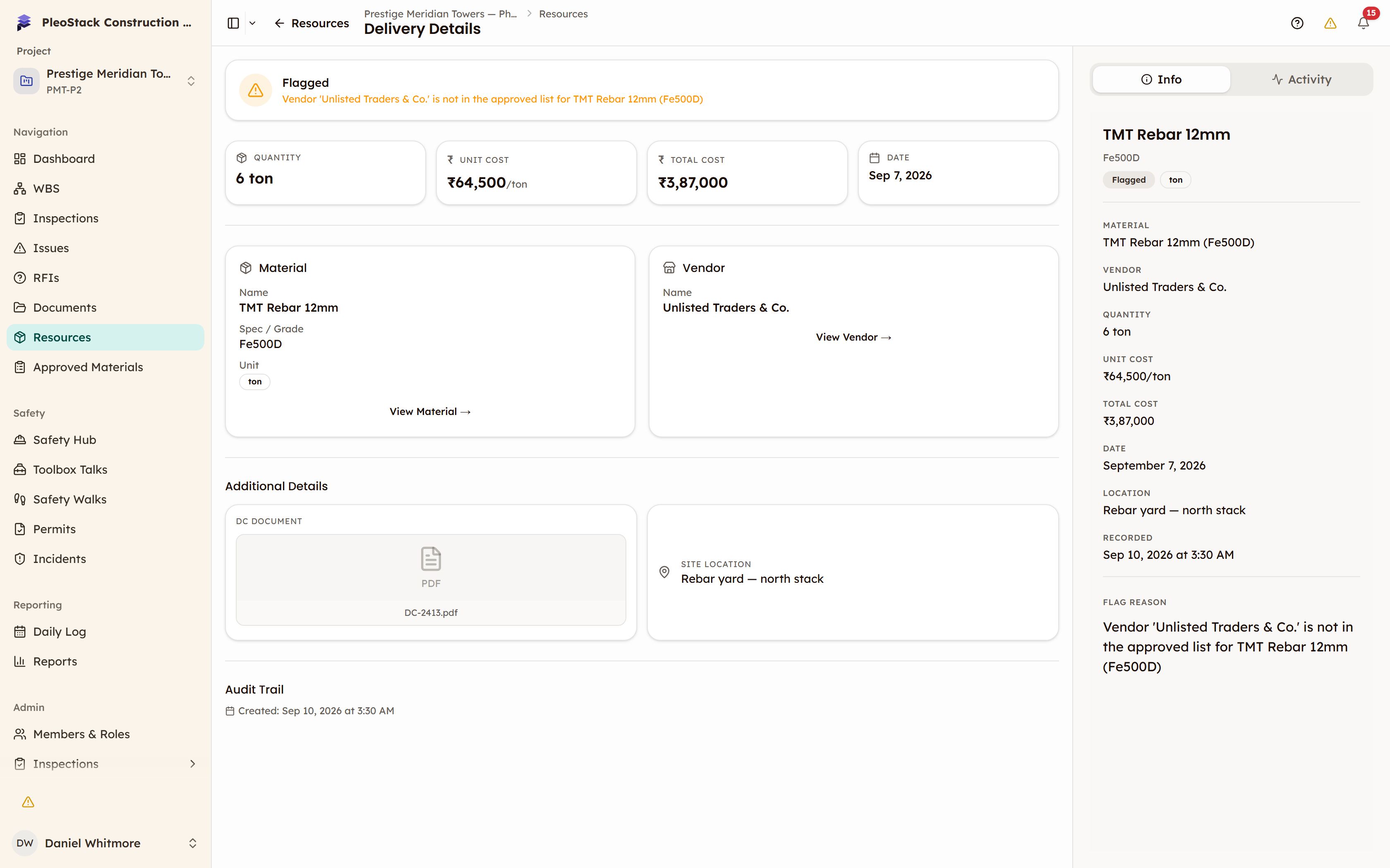 A delivery detail page for a flagged delivery, showing the material, supplier, quantity, unit cost, total cost, delivery challan and the written reason the delivery was flagged