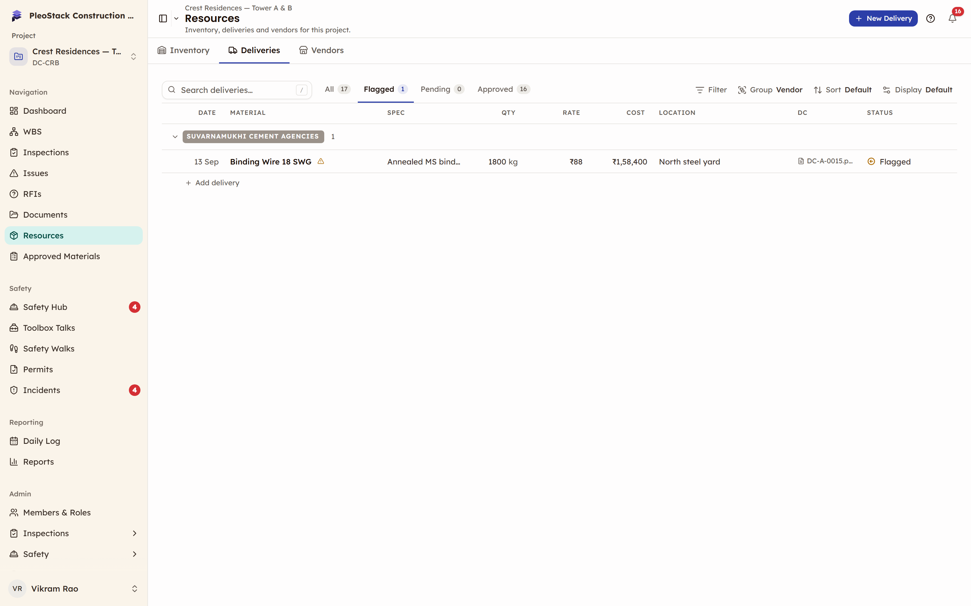 The Deliveries tab on Flagged, grouped by vendor, with one flagged delivery under its supplier