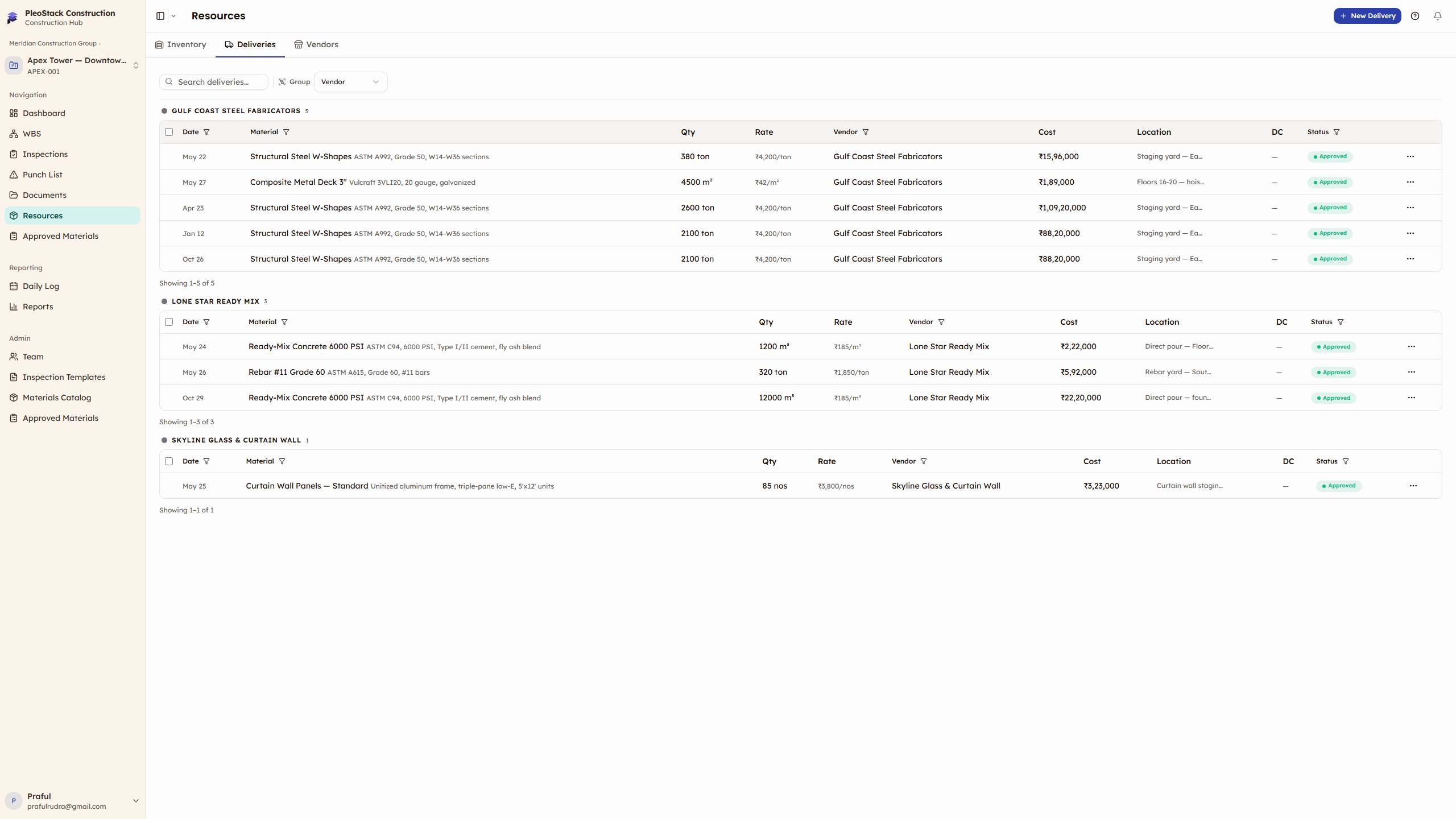 Deliveries grouped by vendor showing each supplier's deliveries with quantities, costs, and status badges