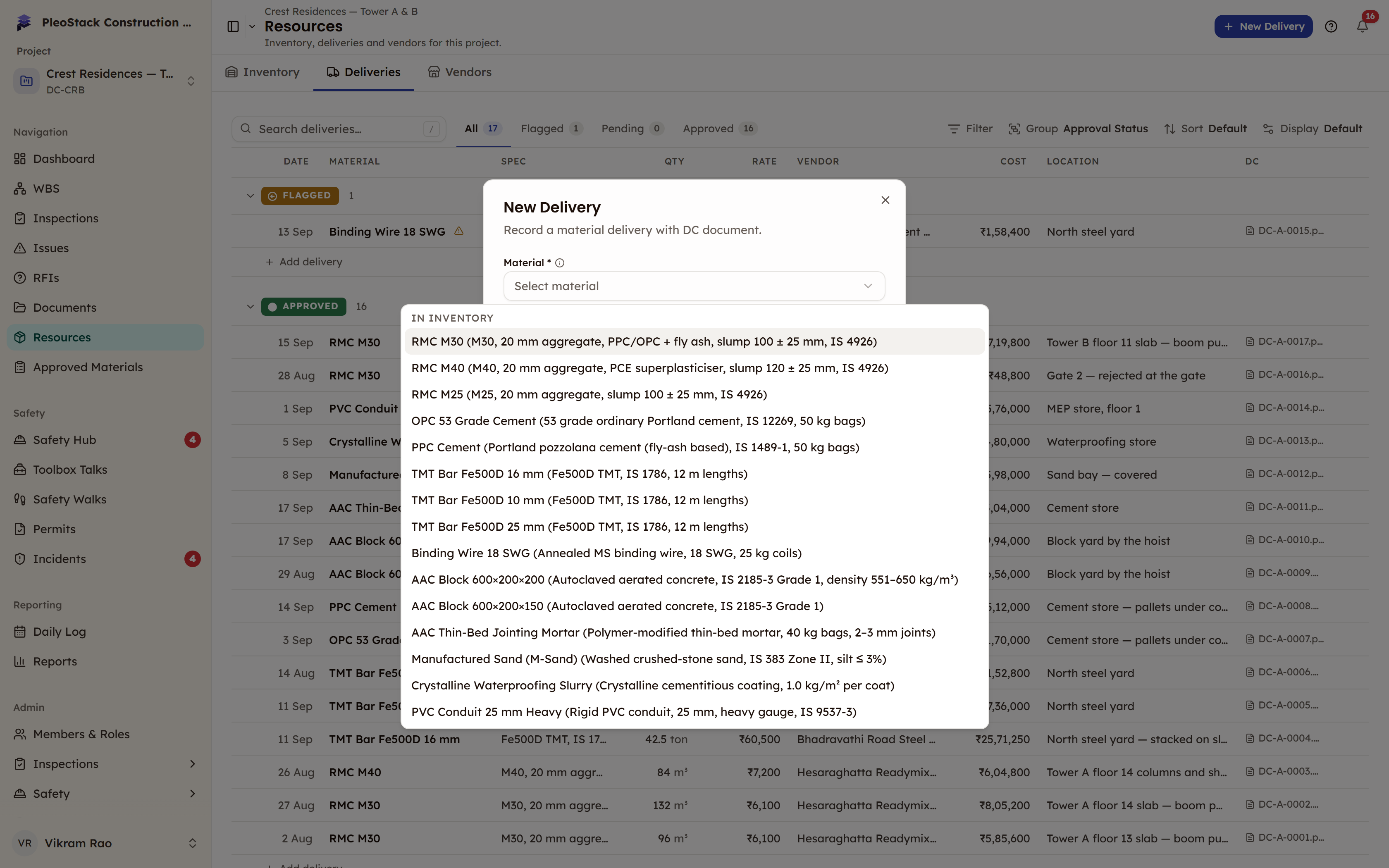 The Material dropdown open in the New Delivery dialog, listing materials under In inventory