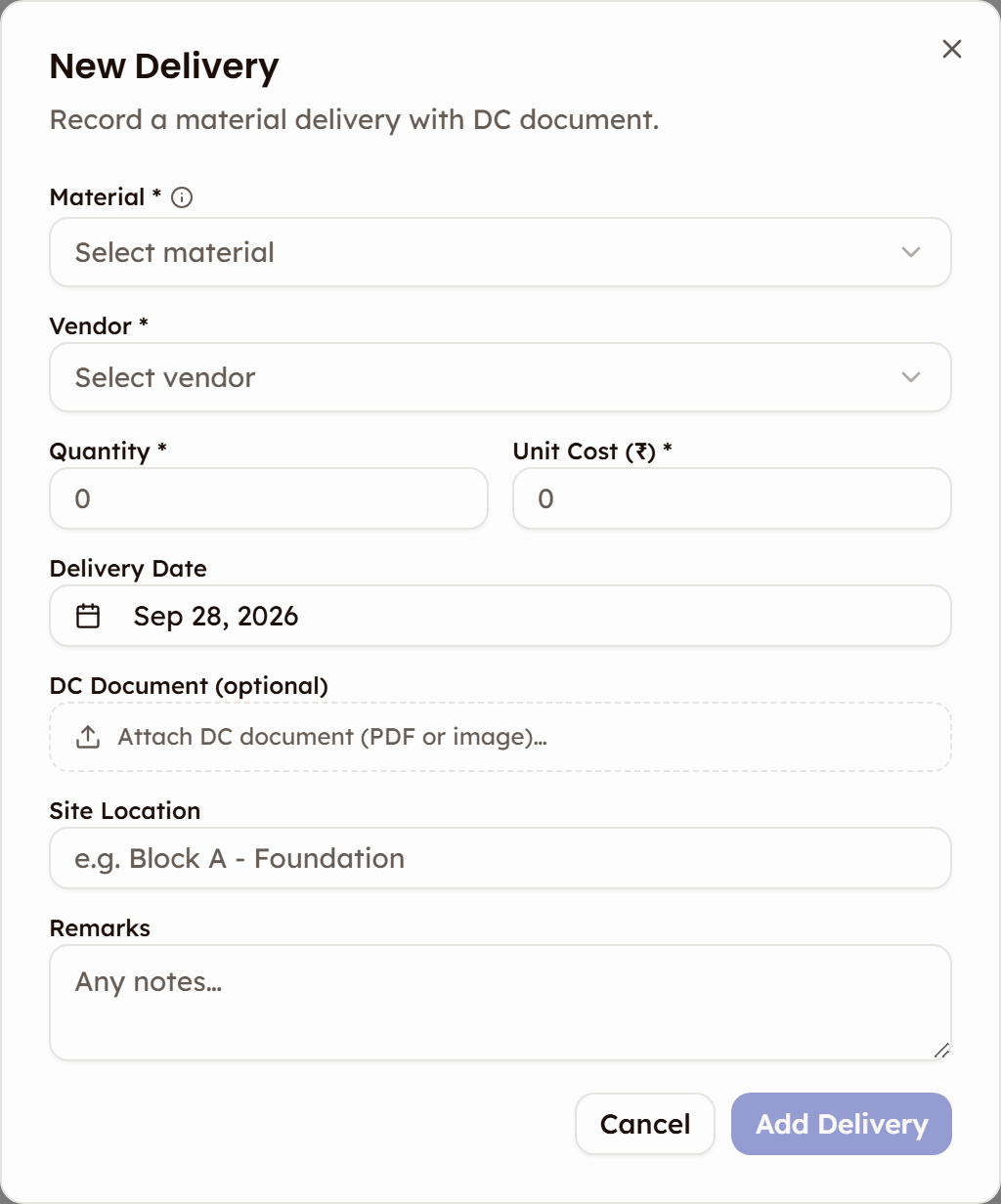 The empty New Delivery dialog with material, vendor, quantity, unit cost, delivery date, DC document, site location and remarks fields