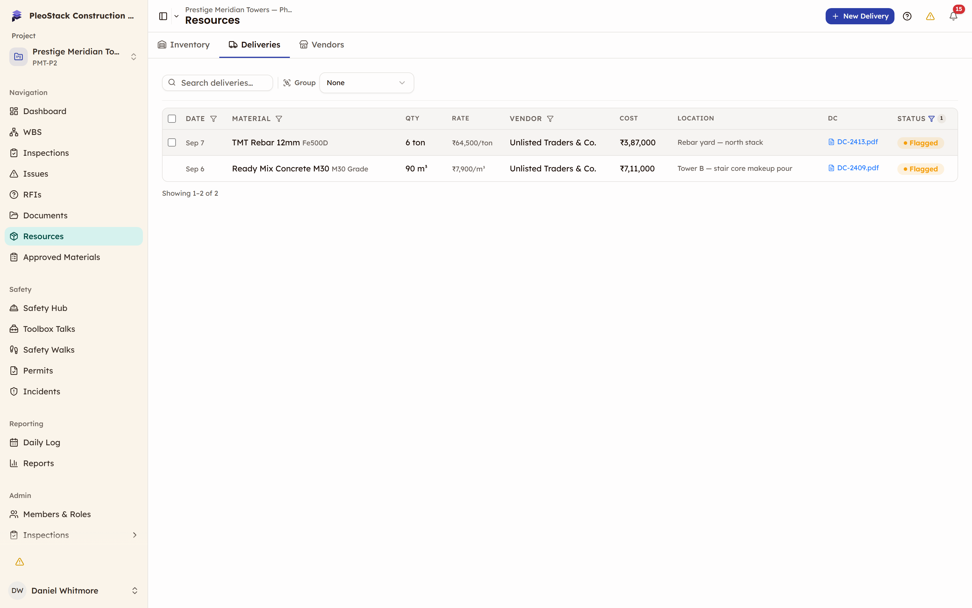 Deliveries table filtered by Status to Flagged, leaving the two flagged deliveries from an off-list supplier