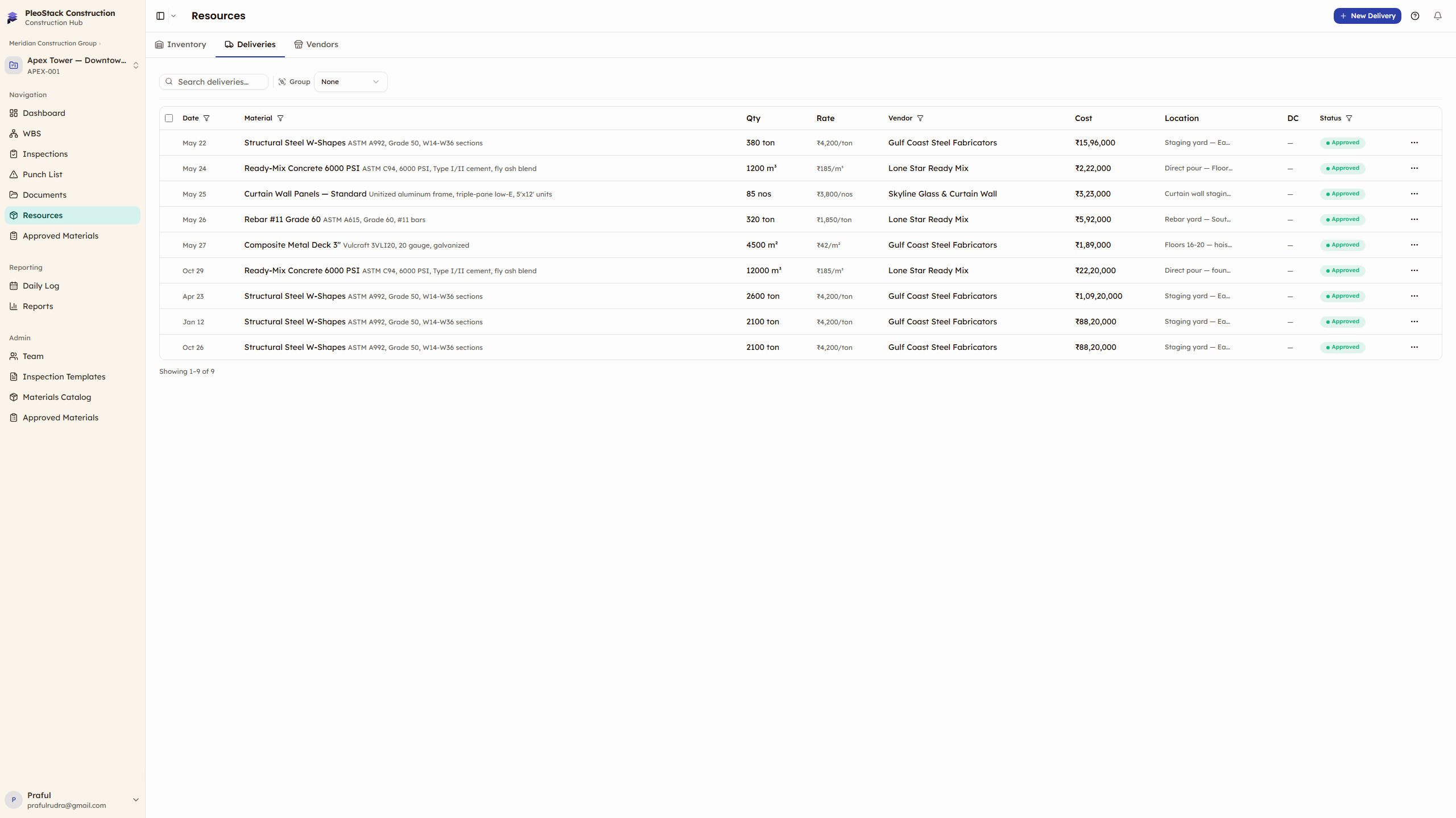 Deliveries table showing material deliveries sorted by date with vendor, quantity, cost, and status columns