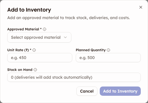 Add to Inventory dialog showing approved materials dropdown, unit rate, and planned quantity fields