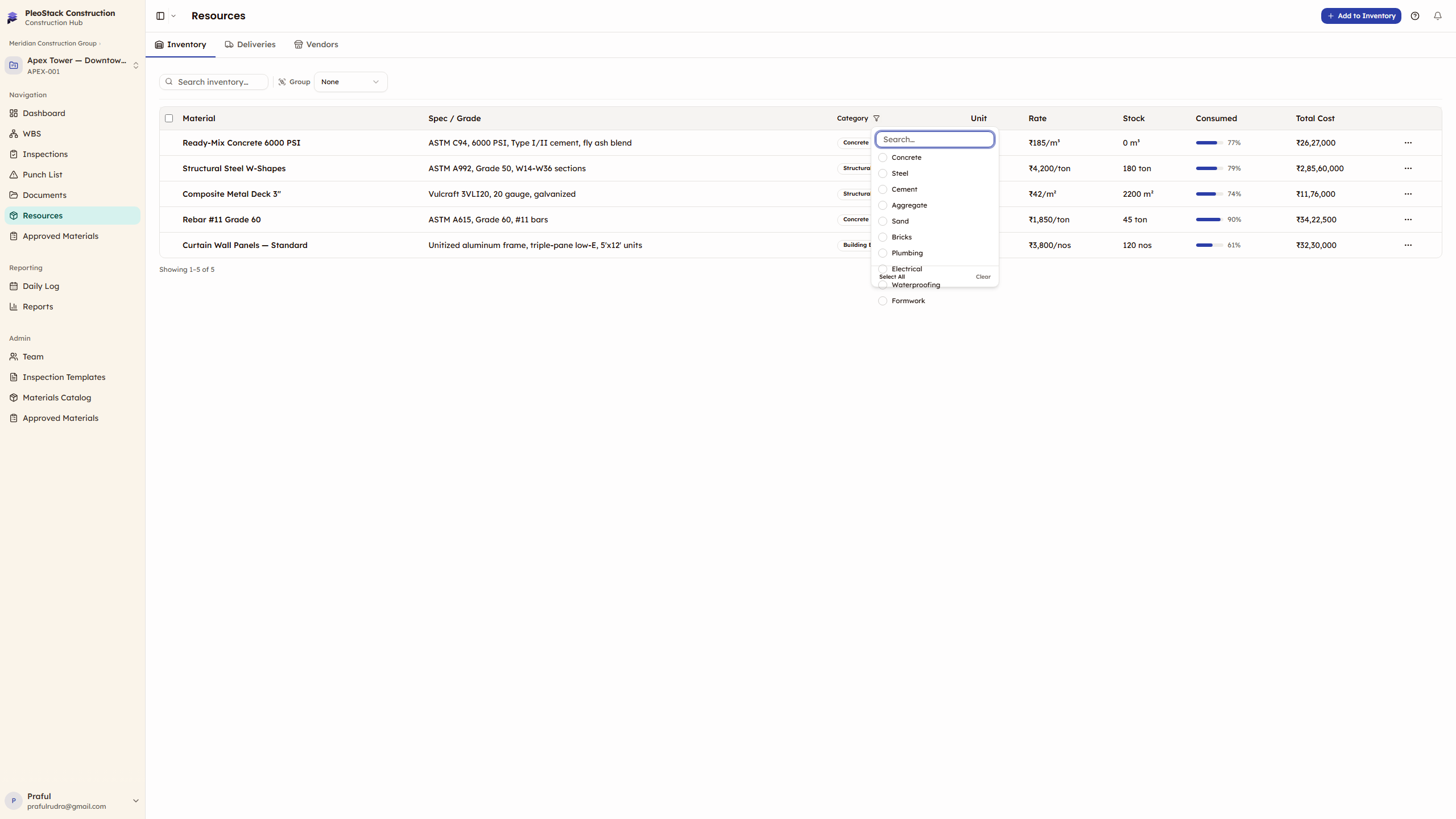 Category filter dropdown showing multi-select options: Concrete, Steel, Cement, Aggregate, Sand, Bricks, Plumbing, Electrical, Waterproofing, Formwork