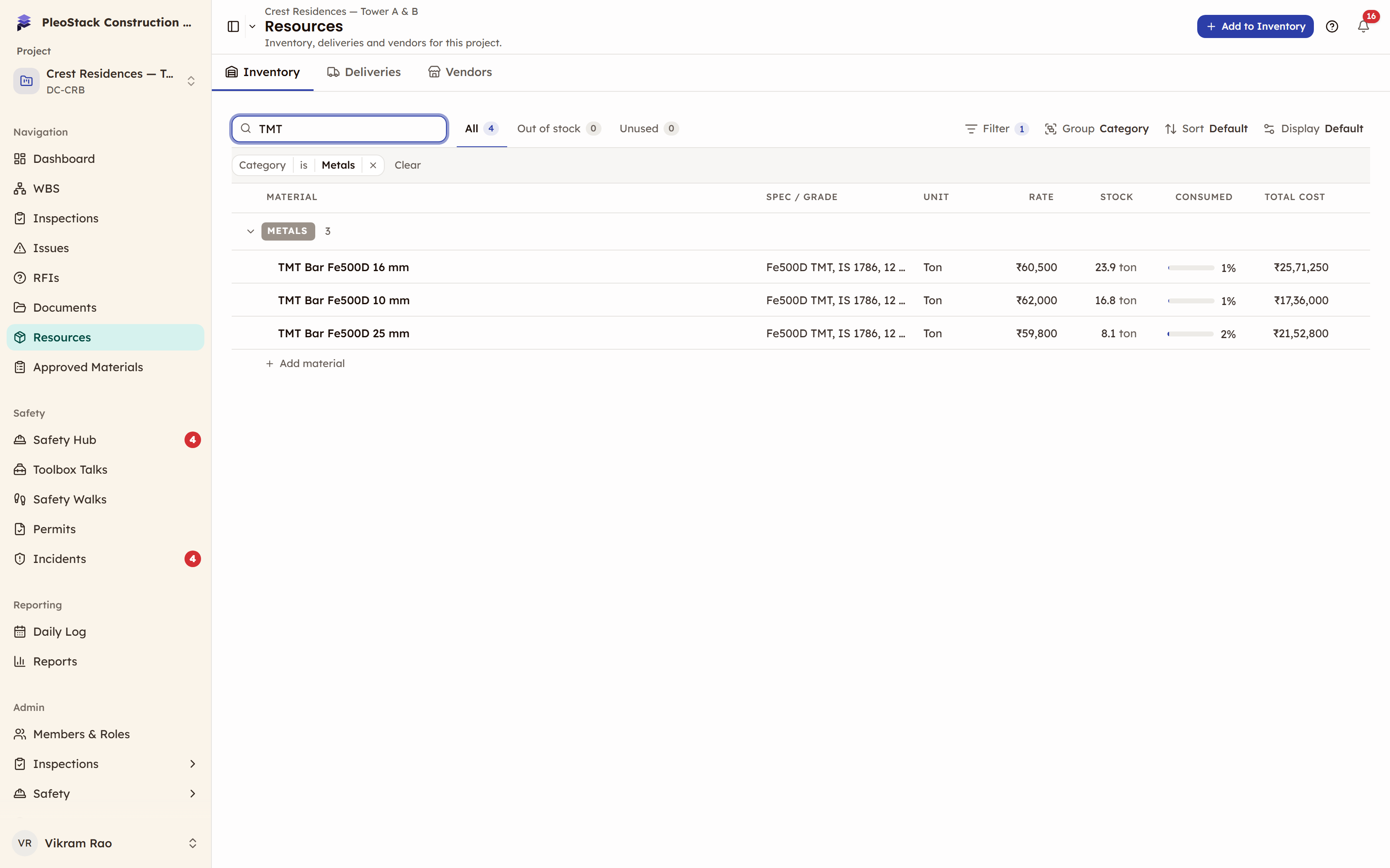 The Inventory tab with a Category is Metals filter and TMT typed in the search box, leaving three rows