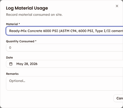 Log Usage dialog showing quantity consumed, date, and remarks fields