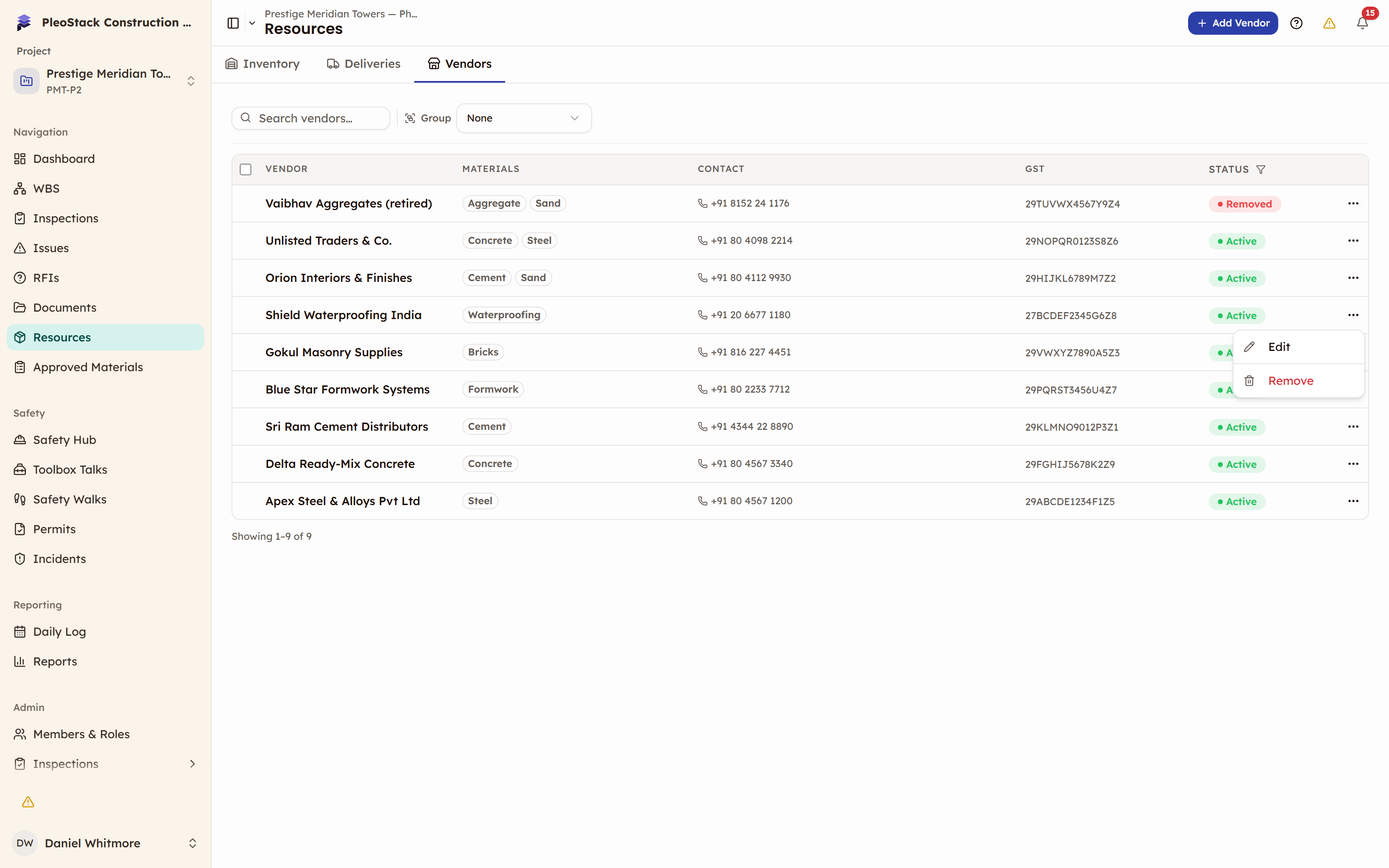 The row menu open on an active supplier in the register, offering Edit and Remove