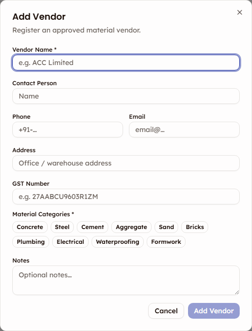 Add Vendor dialog showing company name, material categories, and contact fields