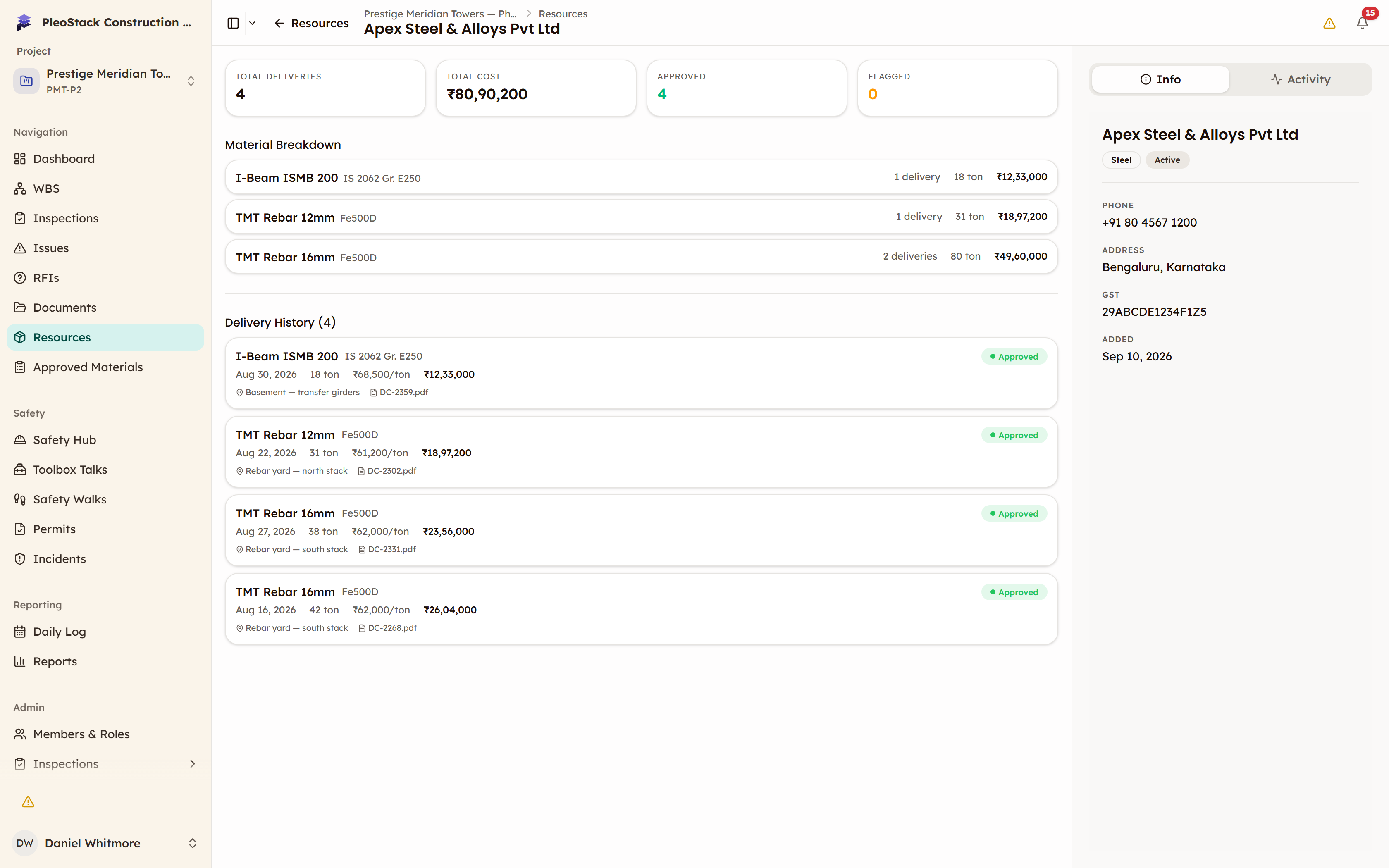 A supplier detail page showing contact and GST details, total deliveries and total cost, a per-material breakdown, and the supplier's delivery history