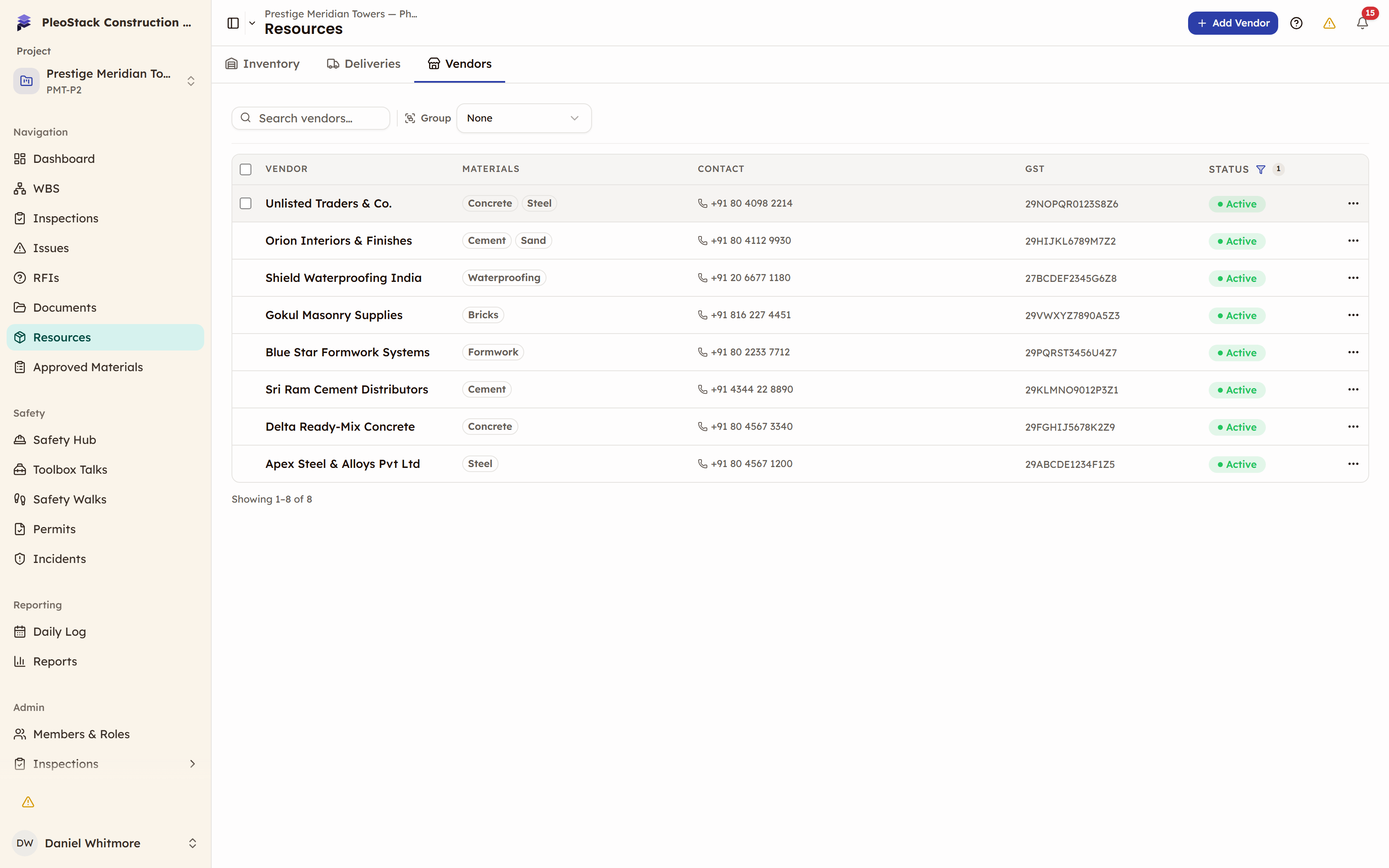 The supplier register filtered by Status to Active, with the removed supplier no longer listed