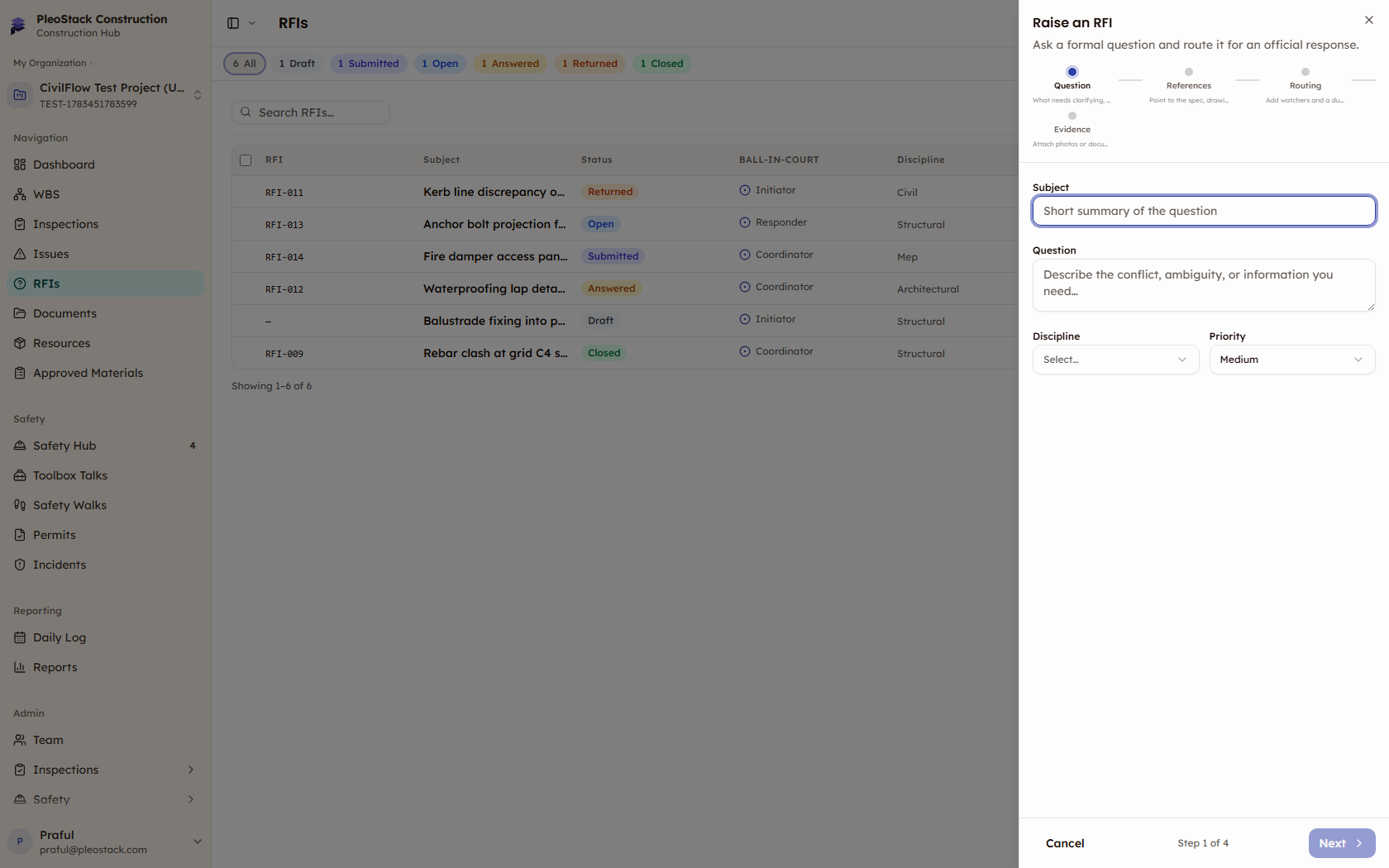 Raise an RFI panel showing the subject, question, discipline, and priority fields