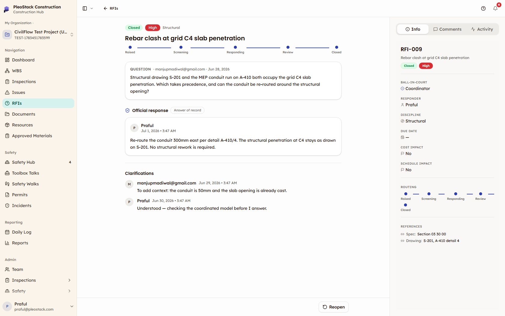 A closed RFI showing the official response and the clarification thread