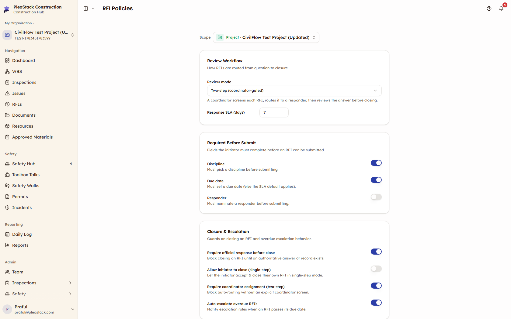 RFI policies page showing review workflow, required fields, and closure settings