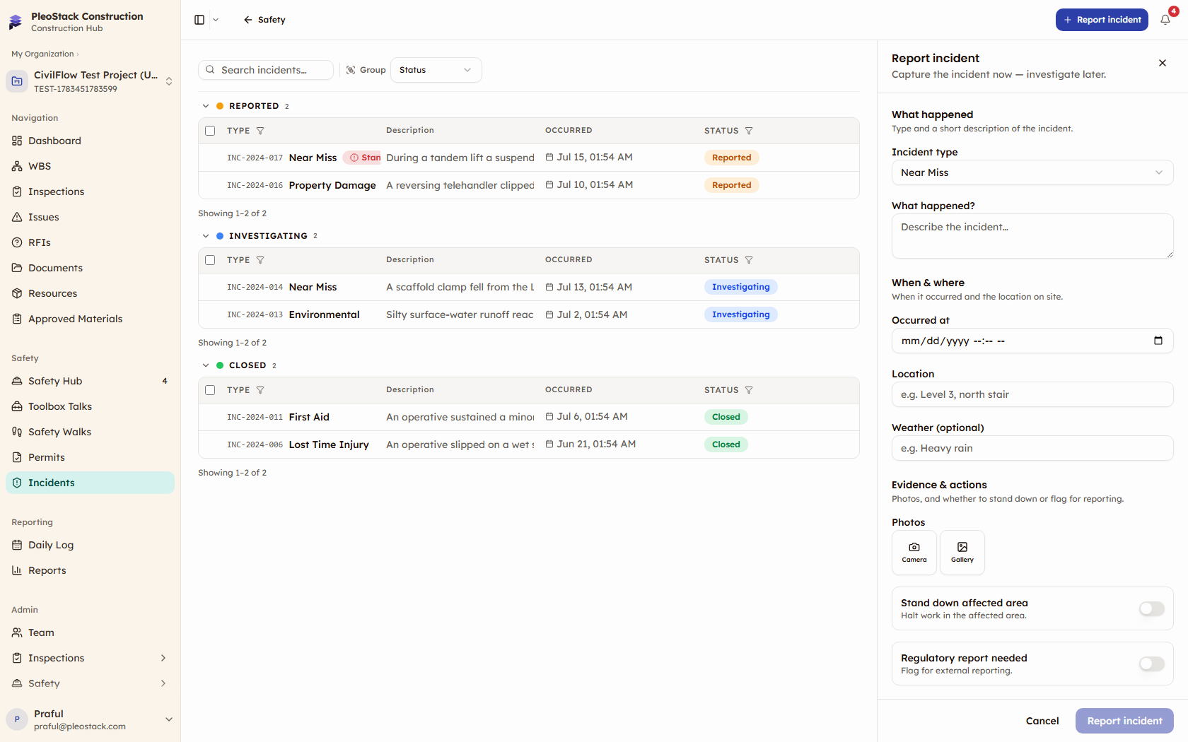 Report incident panel with type, when/where, description, and stand-down toggles