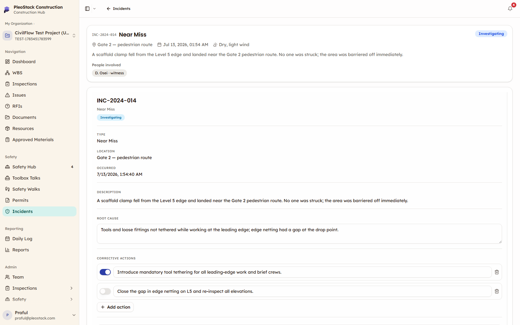 Incident under investigation with report snapshot, root cause, and corrective actions