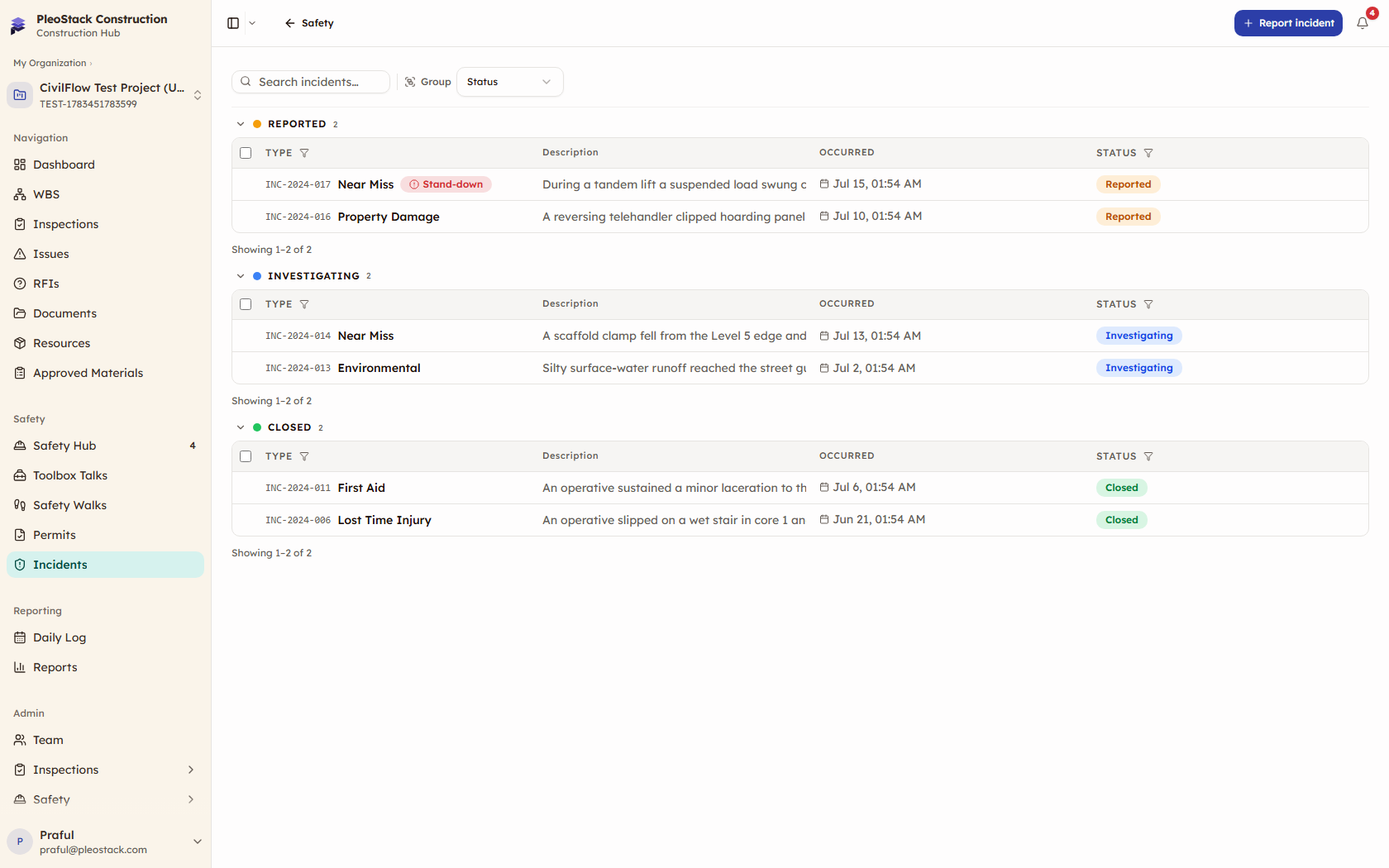 Incident register with types, investigation status, and stand-down flags